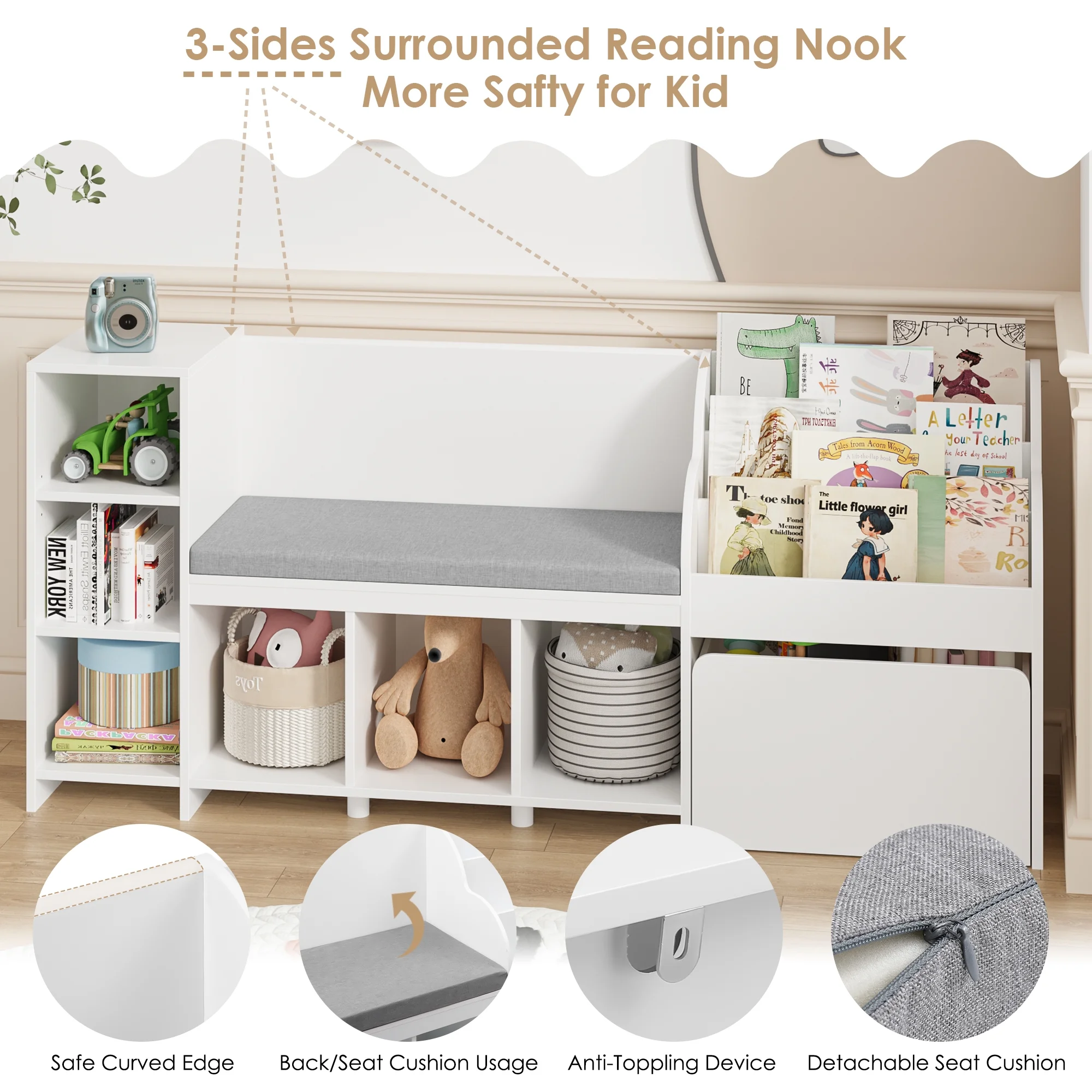 Homfa Kids Bookshelf with Reading Nook, 6 Shelf Bookcase with 1 Wood Toy Bin with 3 Tier Book Rack for Children Kidsroom