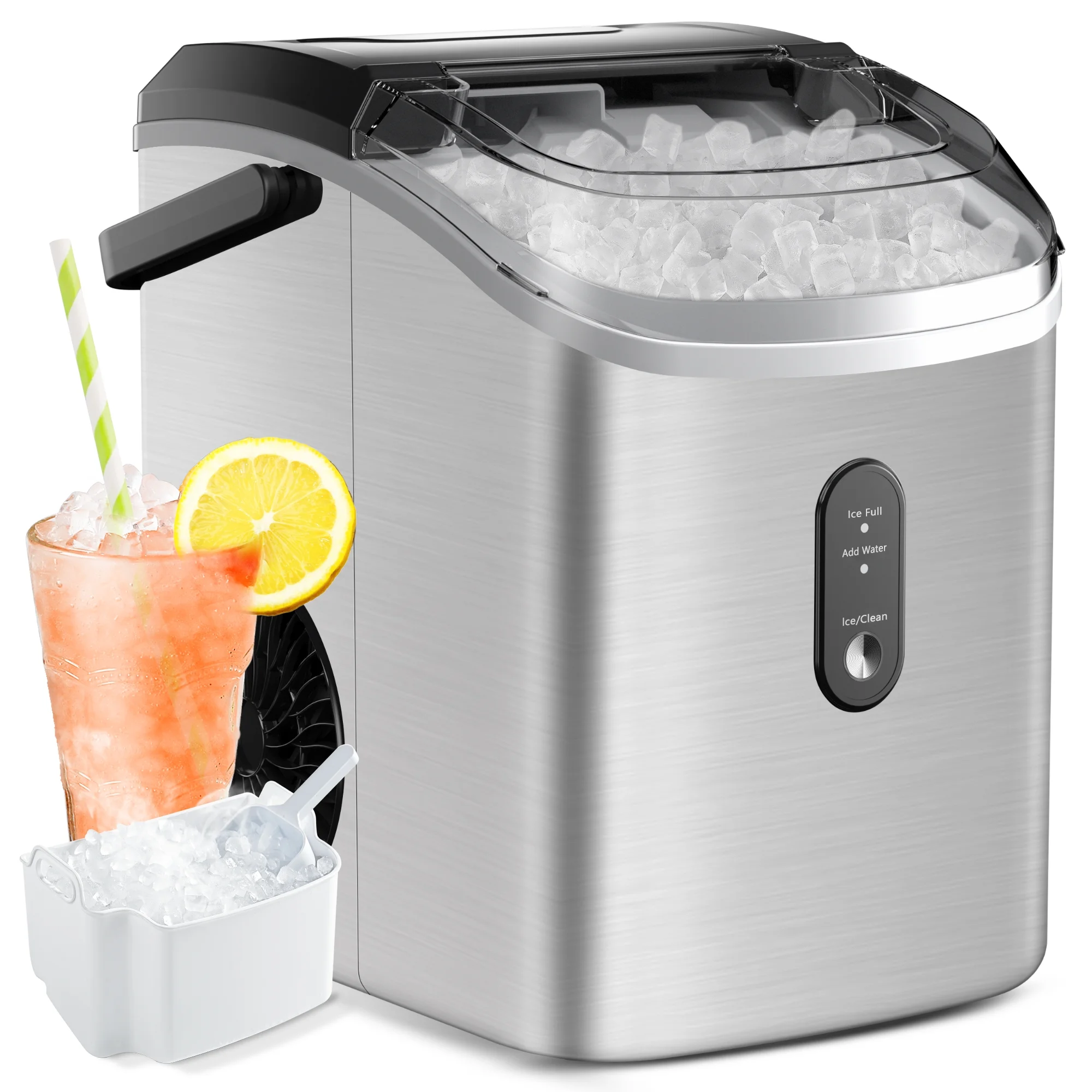 Simzlife Nugget Ice Maker Countertop with Soft Chewable Ice, 34lbs/24H, Ready in 6 Mins, Self-Cleaning, Pebble Portable Ice Machine for Home,Kitchen,Office, Silver