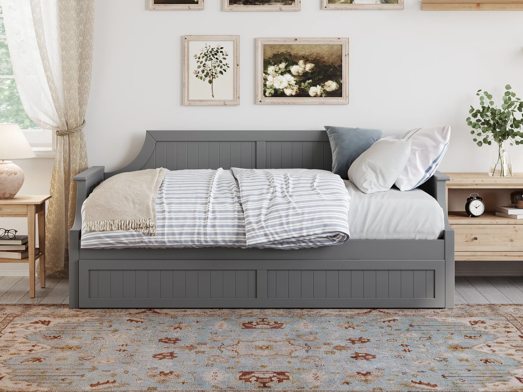 AFI Twin Daybed with Twin Trundle Roll Out Guest Bed in Solid Wood Cambridge Design, Grey
