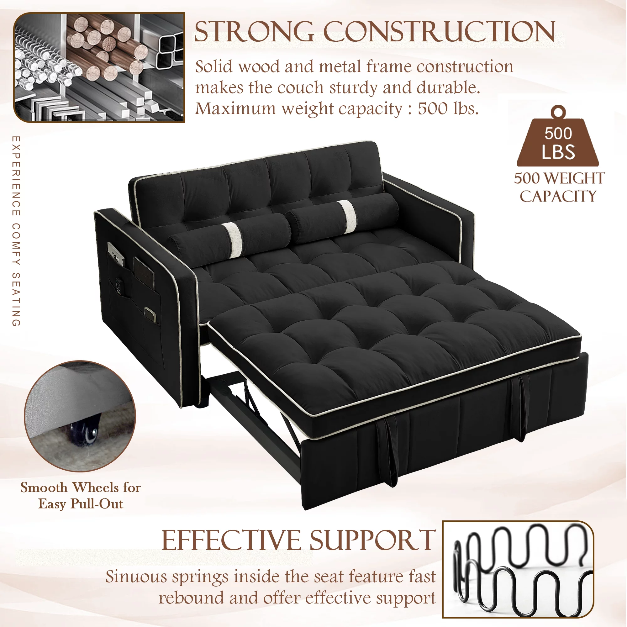 KINFFICT Futon Sofa Bed, Convertible Sleeper Sofa Bed with Pull Out Couch, Modern Velvet Loveseat Sleeper, Small Couch for Living Room, Black
