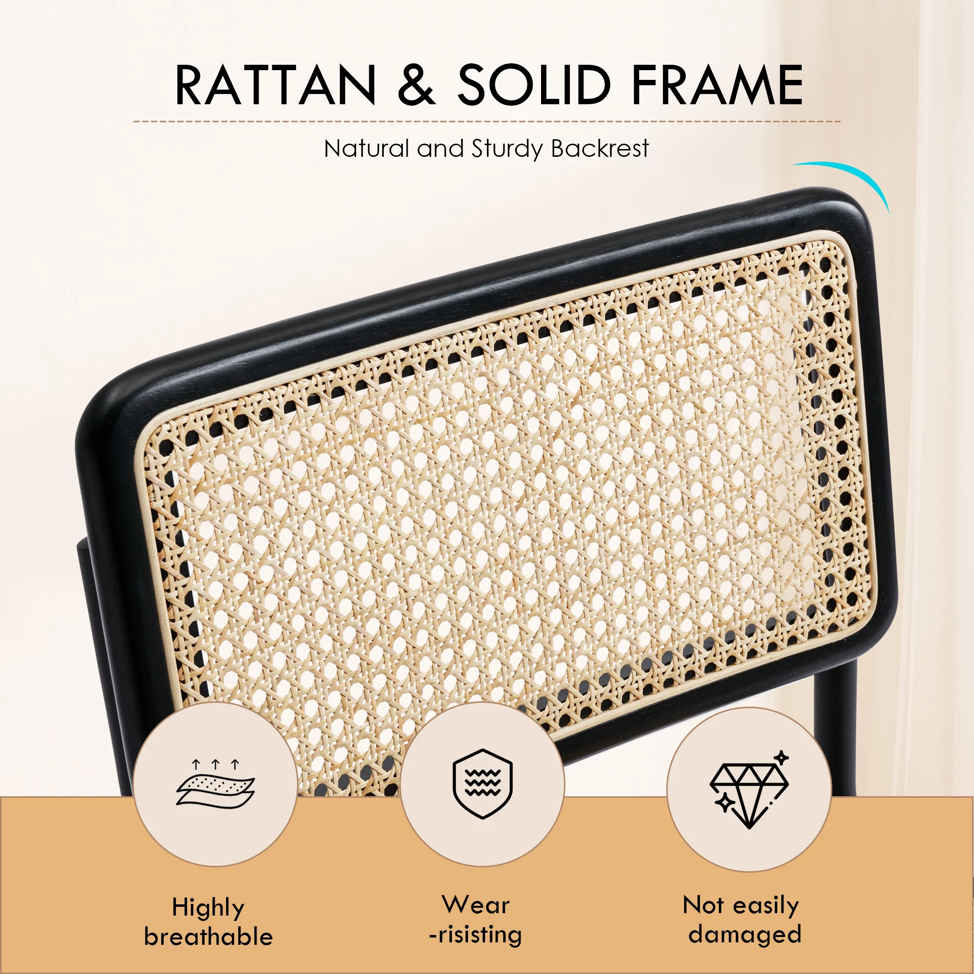 ONEVOG Rattan Dining Chairs Set of 2, Mid Century Modern Kitchen Chairs with Black Meal Legs, Armless Cane Chairs, Black