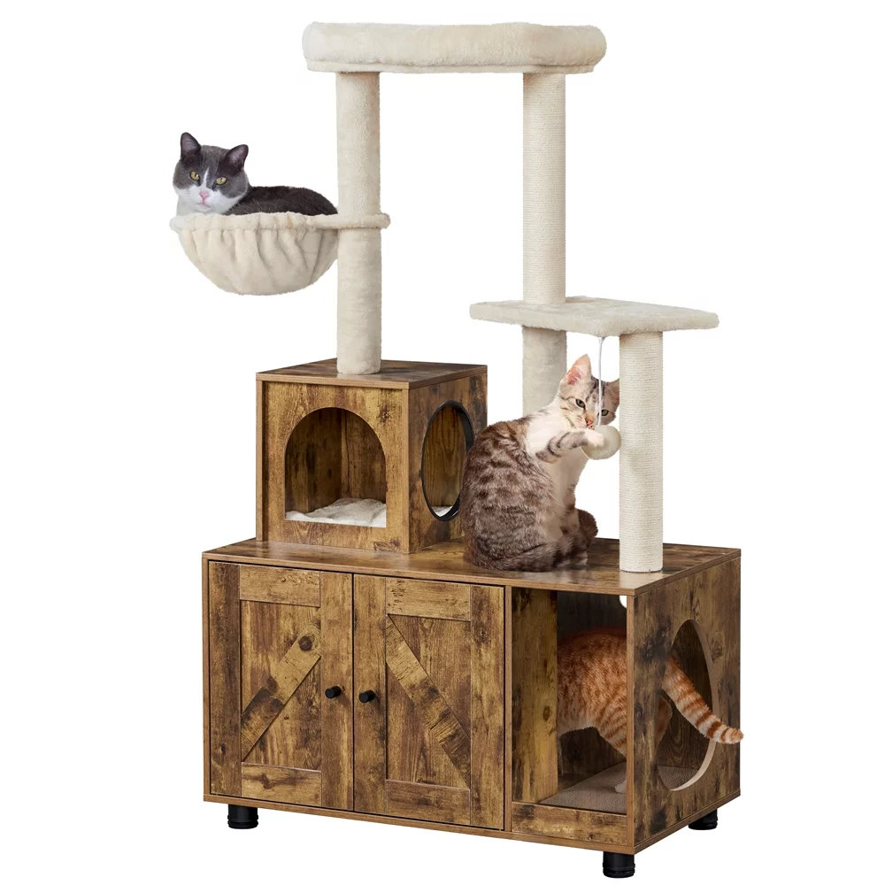 Easyfashion Wooden Litter Box Enclosure with Cat Tree Tower,Rustic Brown/Beige