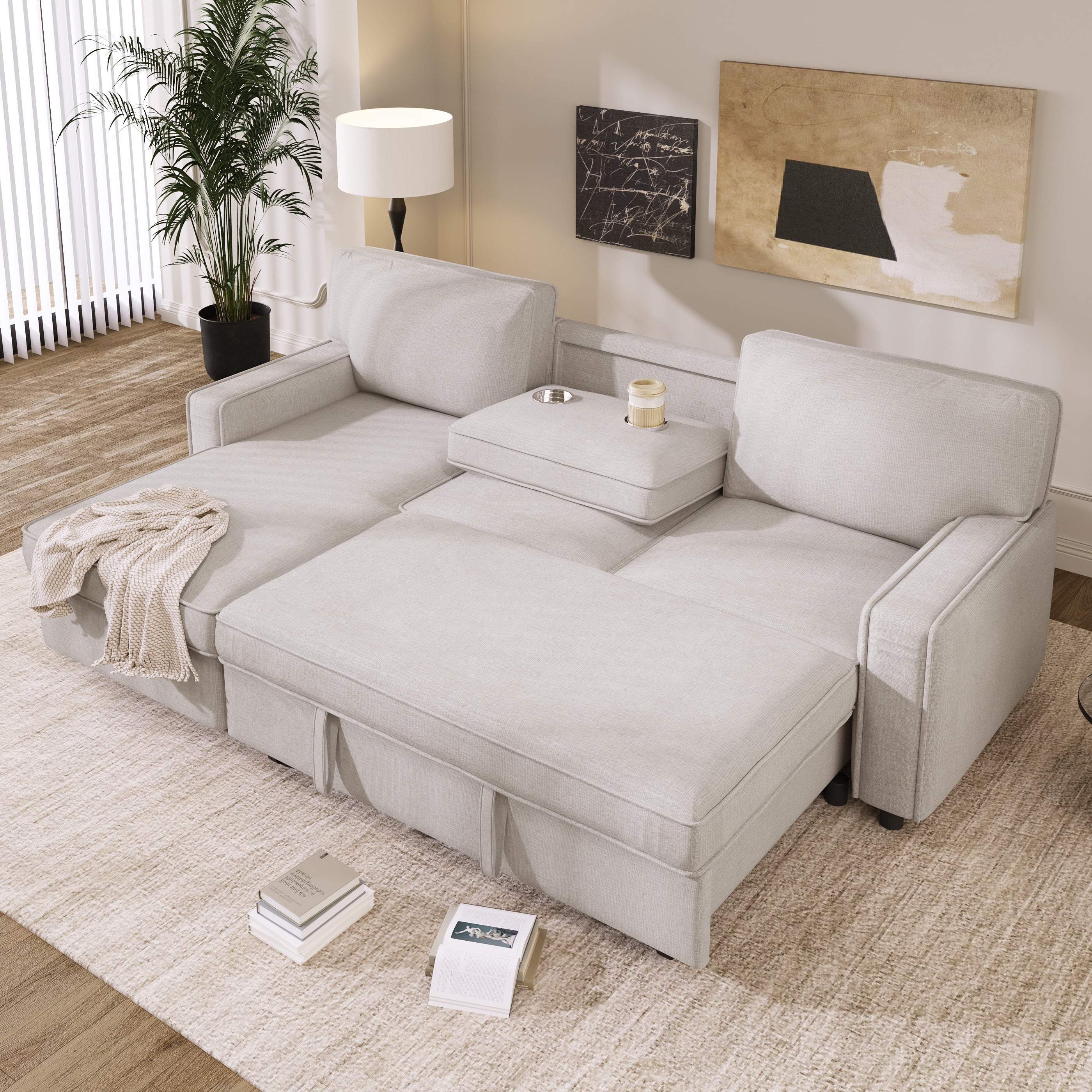 Churanty Pull Out Sofa Bed Sectional 3 Seater Sleeper Sofa Bed with with Storage chaise USB Port and 2 Cup Holders for Living Room Apartment,Beige