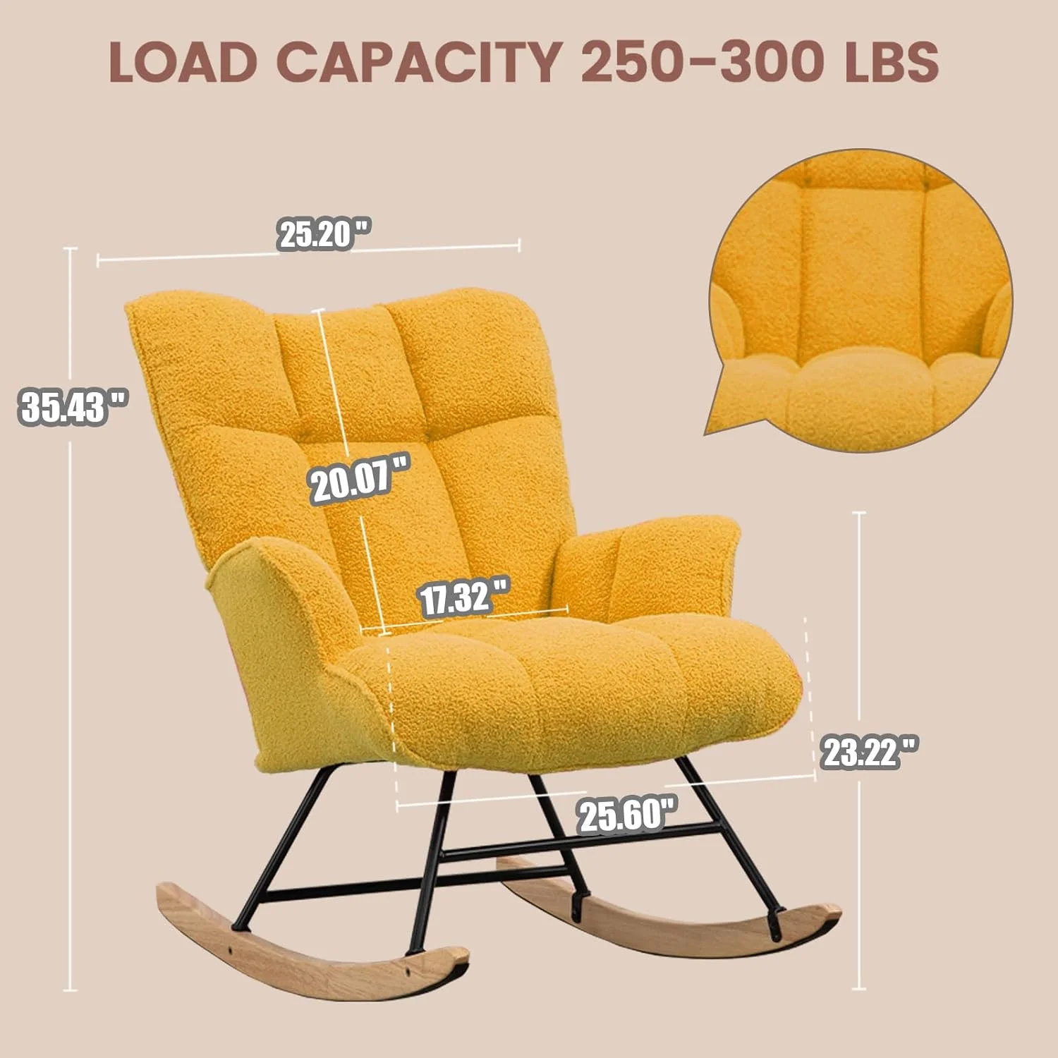 ONKER Nursery Rocking Chair, Upholstered Glider Rocker with High Backrest, Comfortable Stylish Accent Armchair with Padded Seat, Maize
