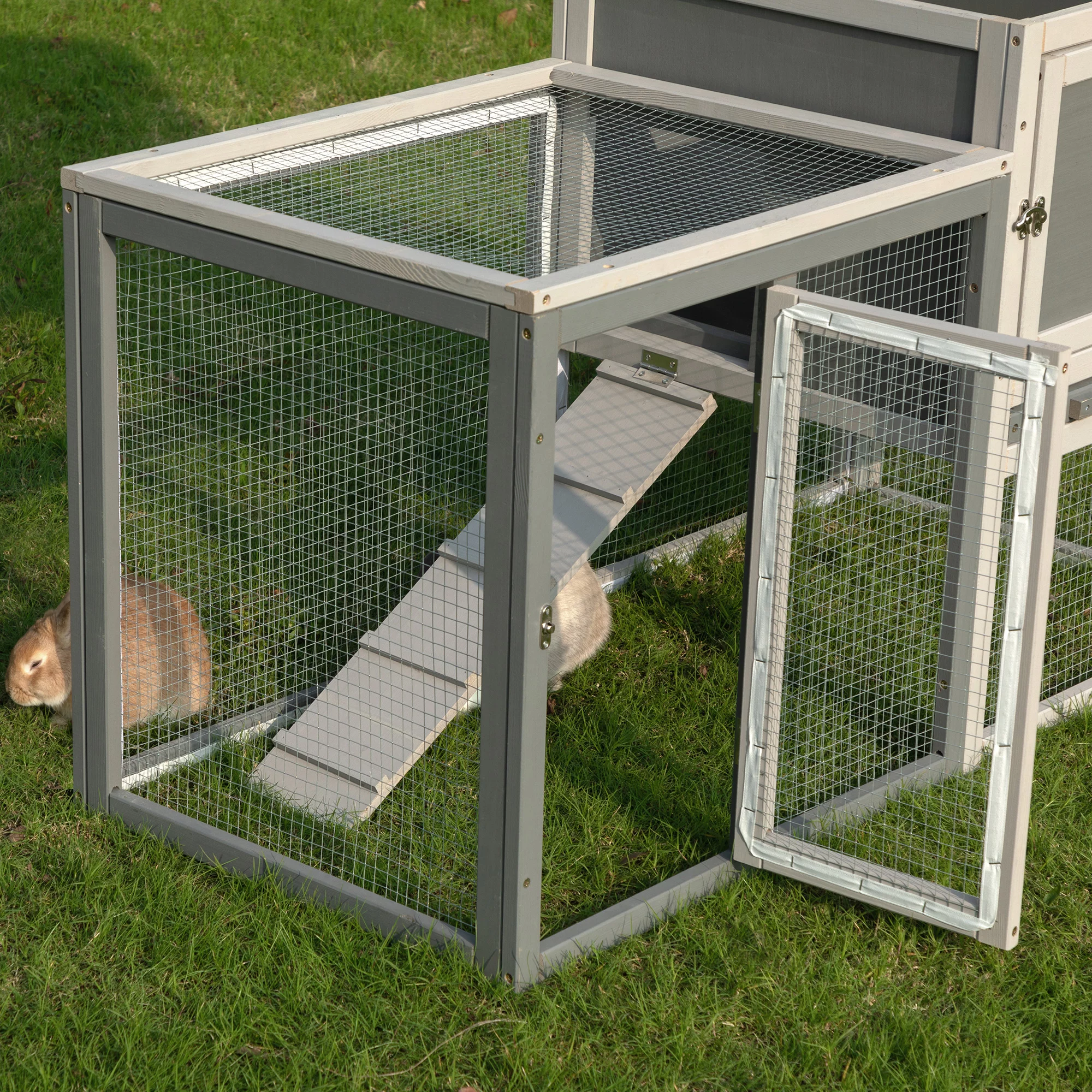 Coziwow Wooden Rabbit Hutch Small Animal Cage Guinea Pig Coop W/ Openable Roof, Gray
