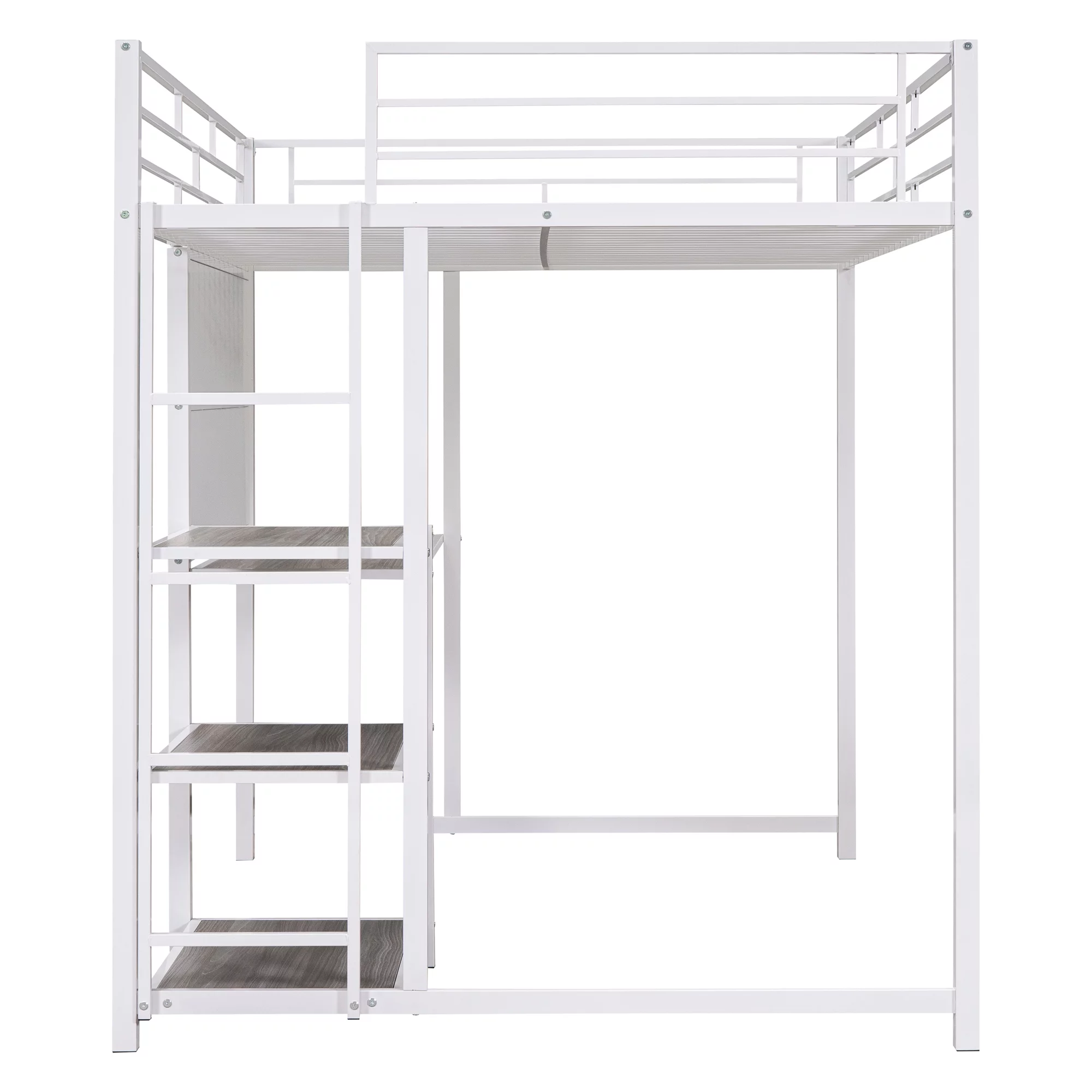 Sesslife Loft Bed for Kids, Full Size Loft Bed Frame with Desk and Whiteboard, Modern Metal Loft Bed with 3 Shelves and Ladder, White
