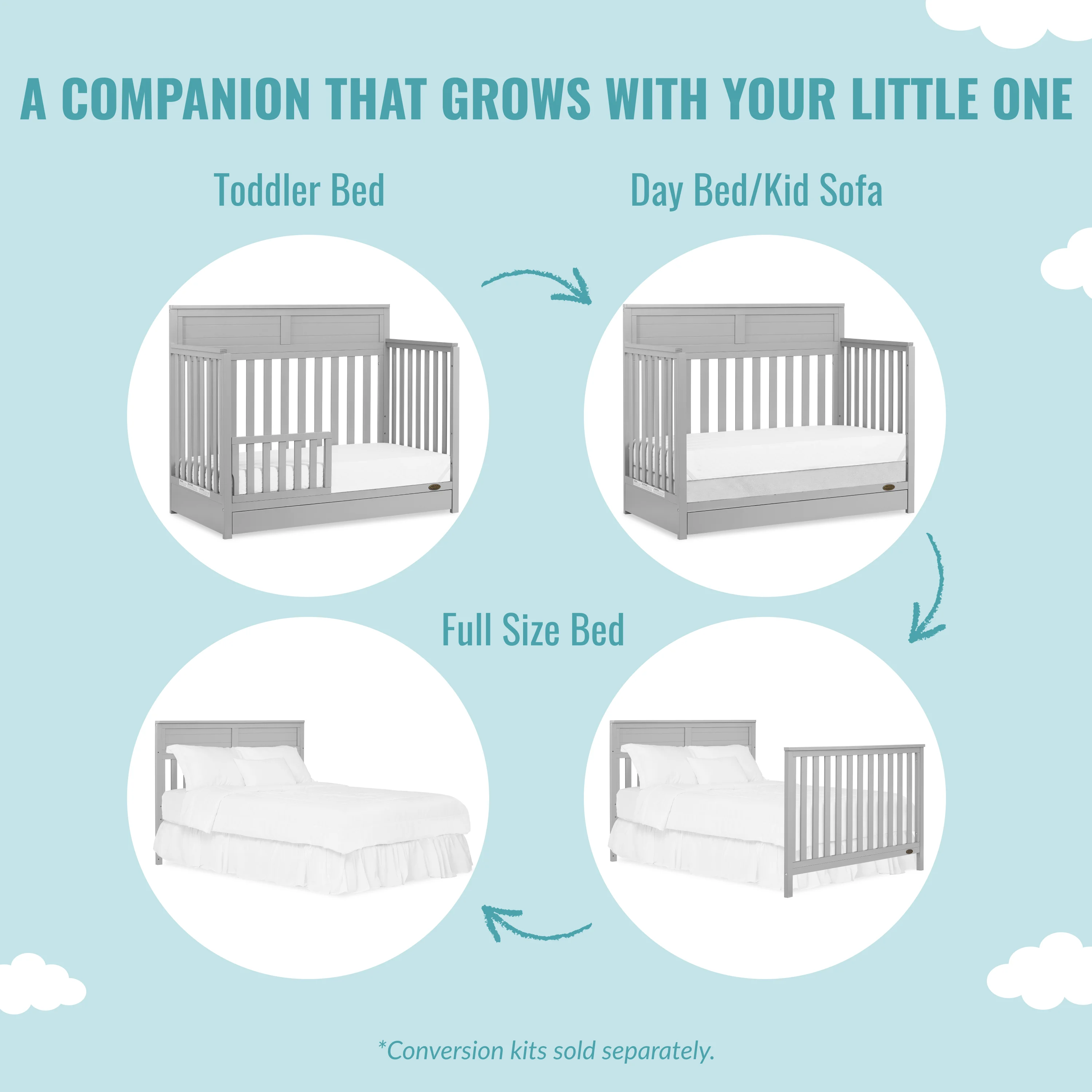 Dream On Me Reign 5 in 1 Convertible Crib with Under Drawer in Pebble Gray