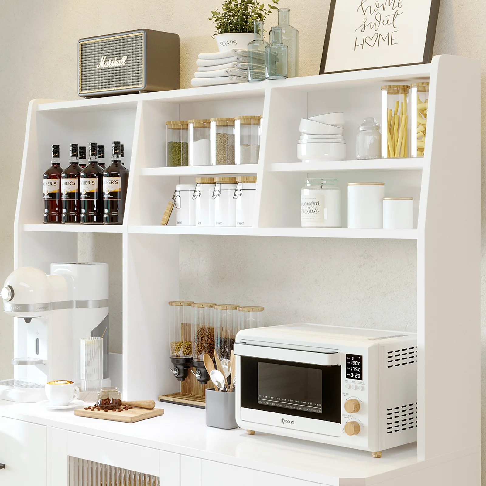 RichYa Kitchen Hutch Storage Cabinet, Freestanding Kitchen Pantry with Glass Doors and 3 Drawers for Dinning Room, Living Room, White