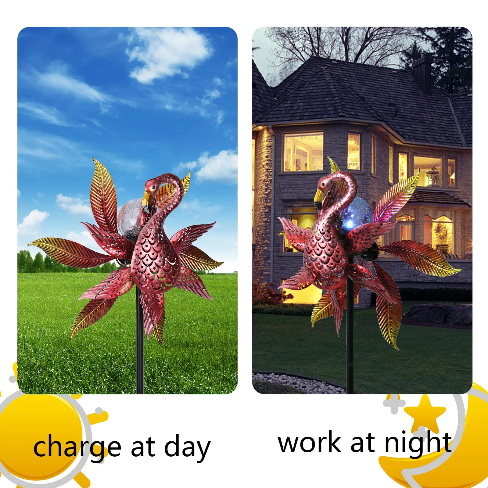 Solar Wind Spinner Outdoor Metal Kinetic Wind Spinners with LED Lighting Glass Ball Flamingo Wind Spinner with Stake Decorative Windmill for Yard Lawn Garden Patio Decor
