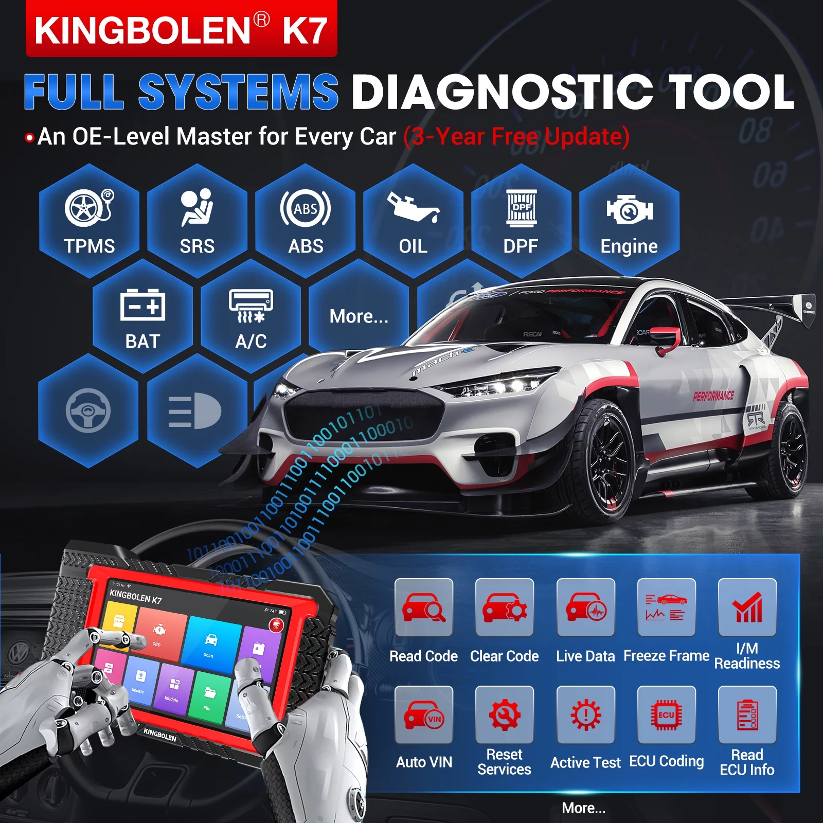 KINGBOLEN K7 Car Scan Tool, OE-Level Full System Automotive Bidirectional Diagnostic Scanner, 28+ Services, ECU Coding, 3 Years Free Update