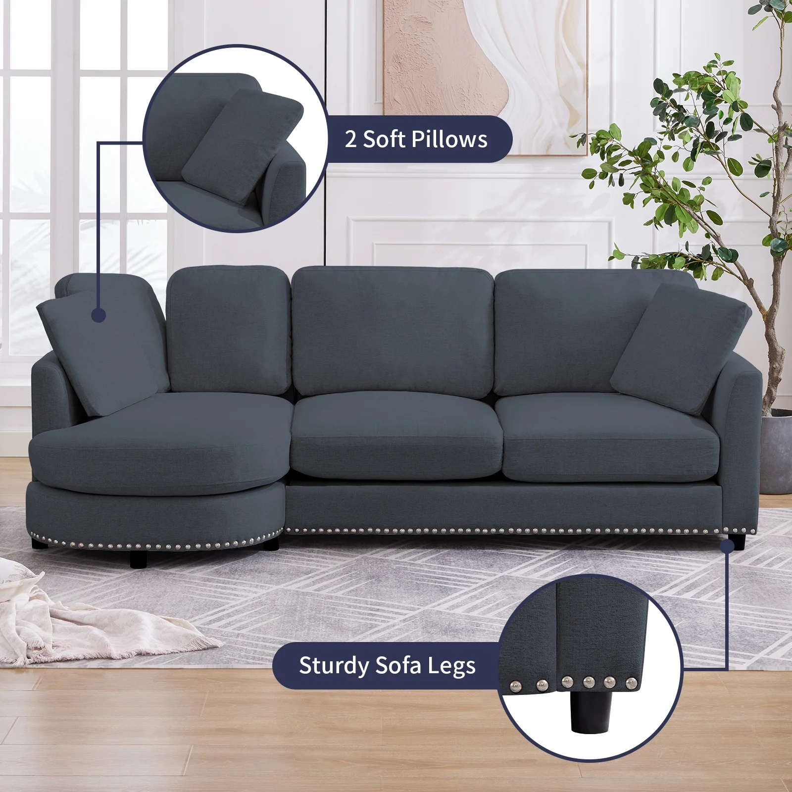 ZAFLY 3 Seater Sofa Couch, L Shaped Couch with Chaise, Curved Couches for Living Room - Dark Grey