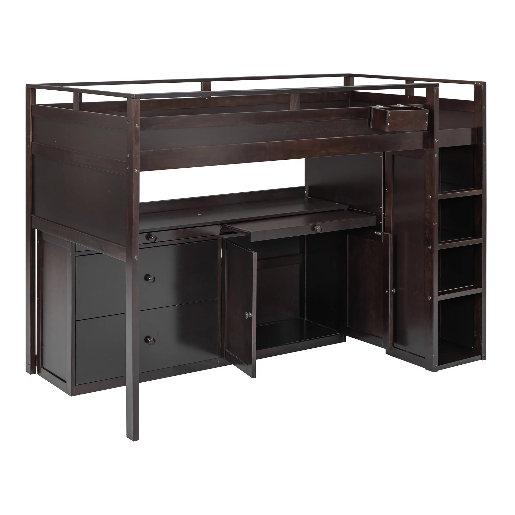 CoSoTower Loft Bed with Rolling Cabinet and Desk - Espresso