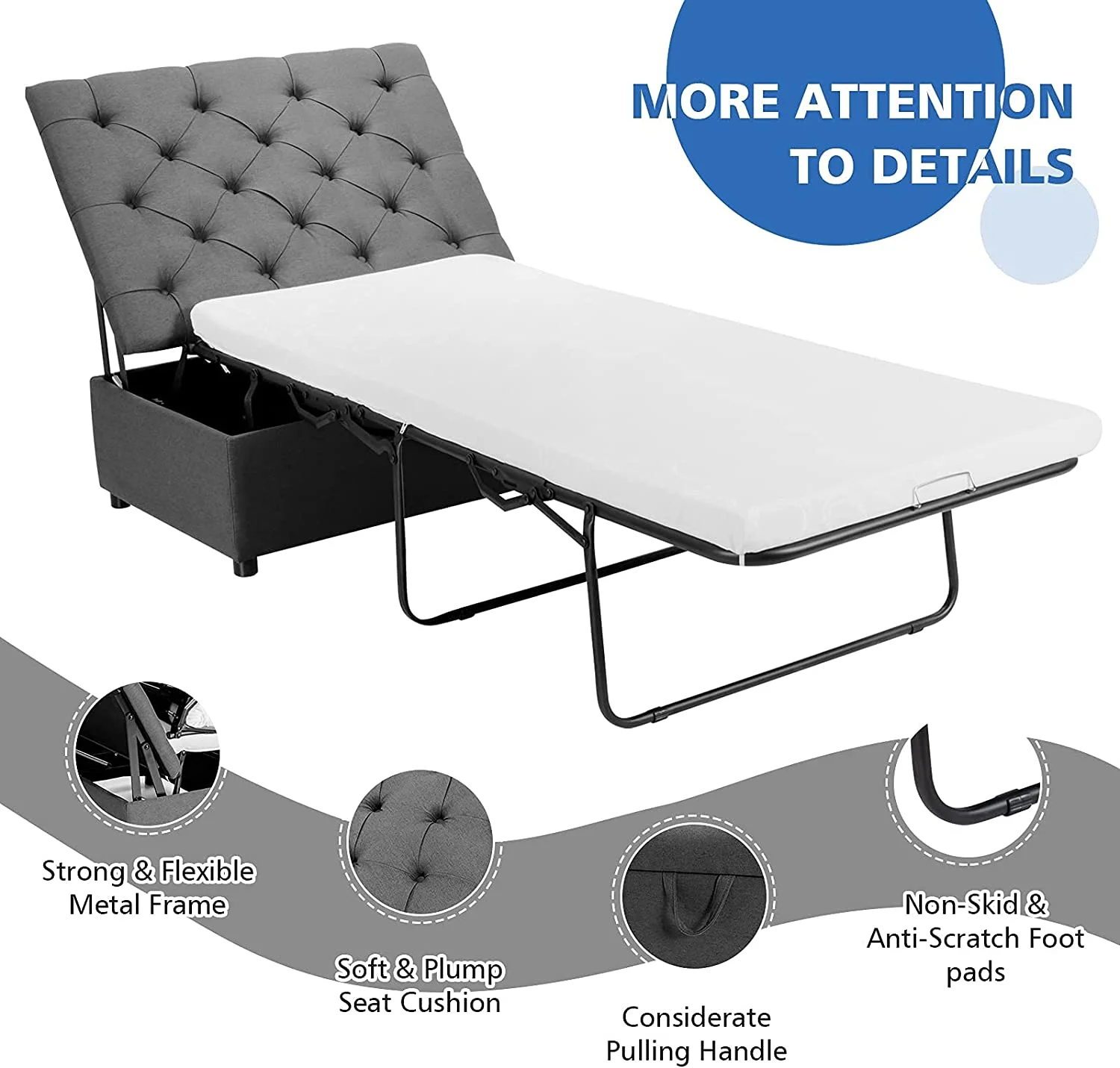 Ottoman Folding Bed, Fold Out Sleeper Bed with Mattress, Convertible Chair into Sofa Bed, Couch Sleeper w/Steel Frame, Dual Use Guest Bed Lounge Bed, Living Room Bedroom Office (Grey)