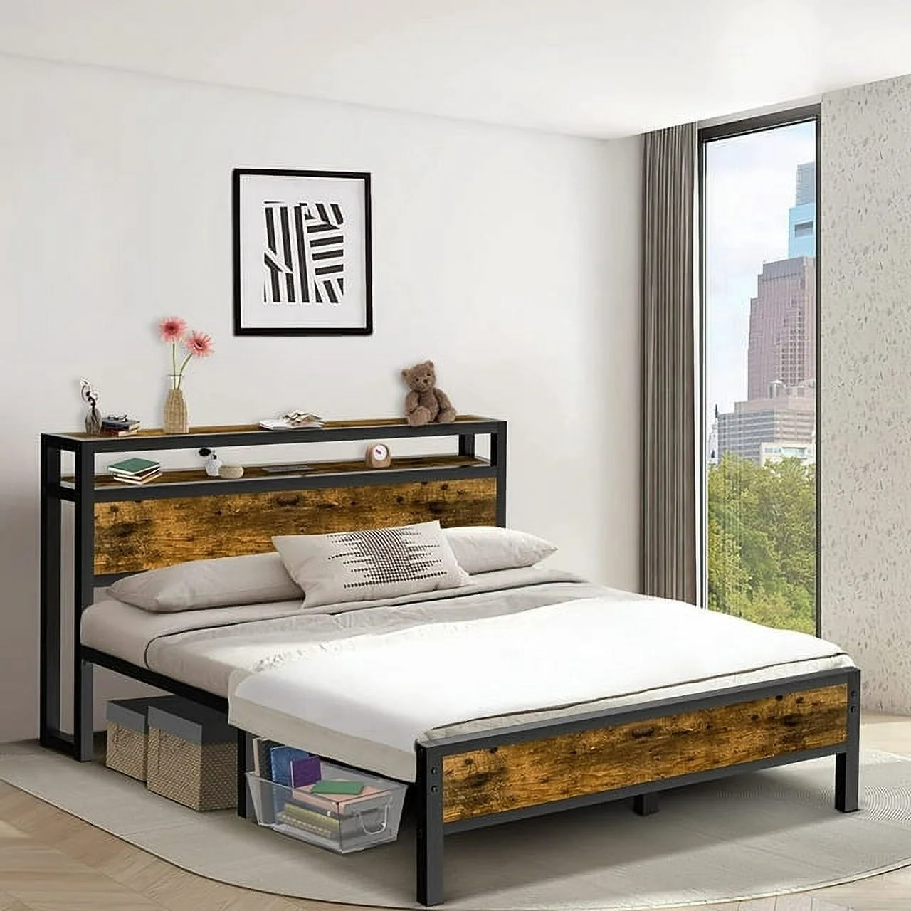 Codesfir Bed Frame Industrial Platform Bed with Charging Station 2-Tier Storage Headboard and Strong Support Legs, Noise-Free, No Box Spring Needed (Full Size, Vintage Brown)