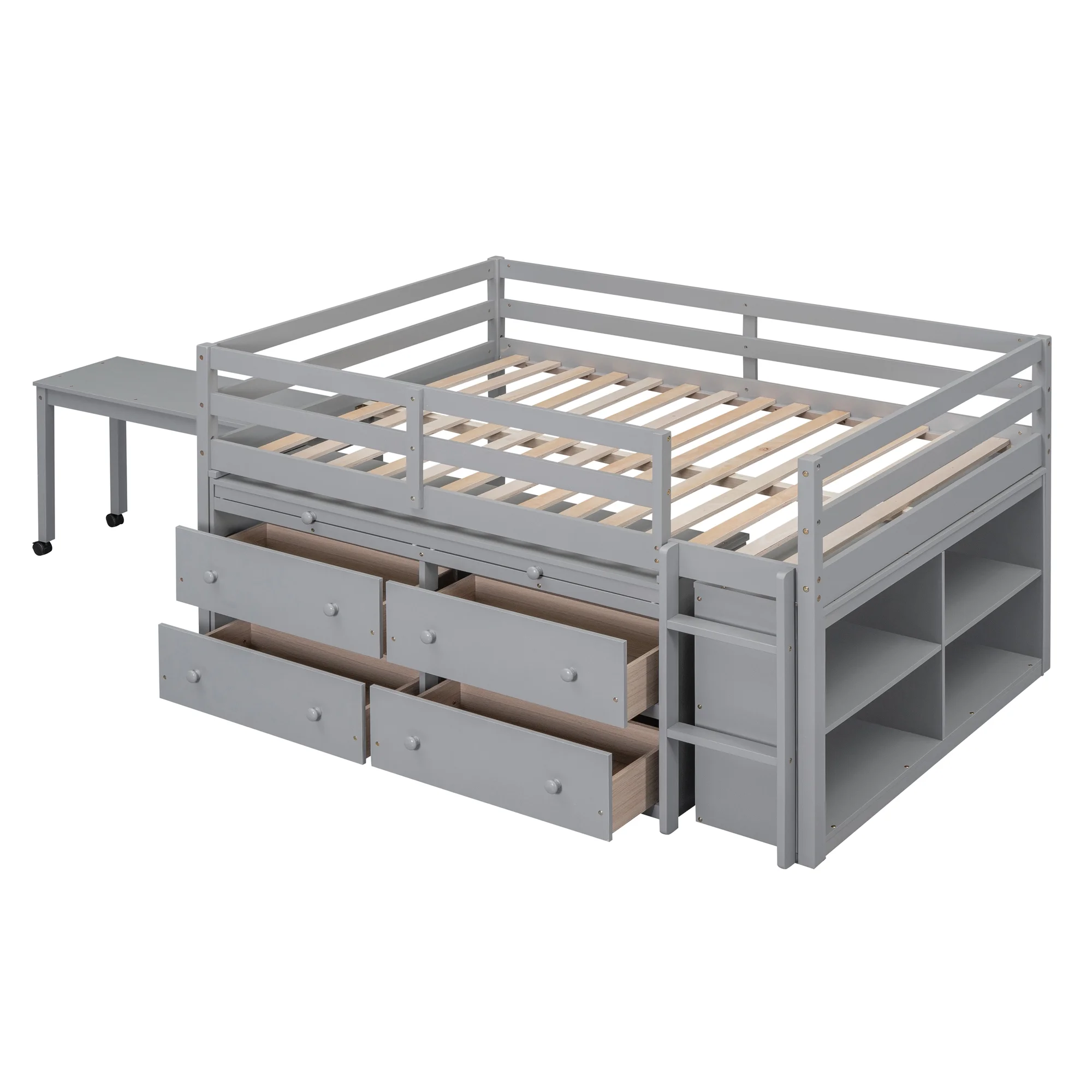 CoSoTower Full Size Loft Bed with Retractable Writing Desk and 4 Drawers, Wooden Loft Bed with Lateral Portable Desk and Shelves, Gray