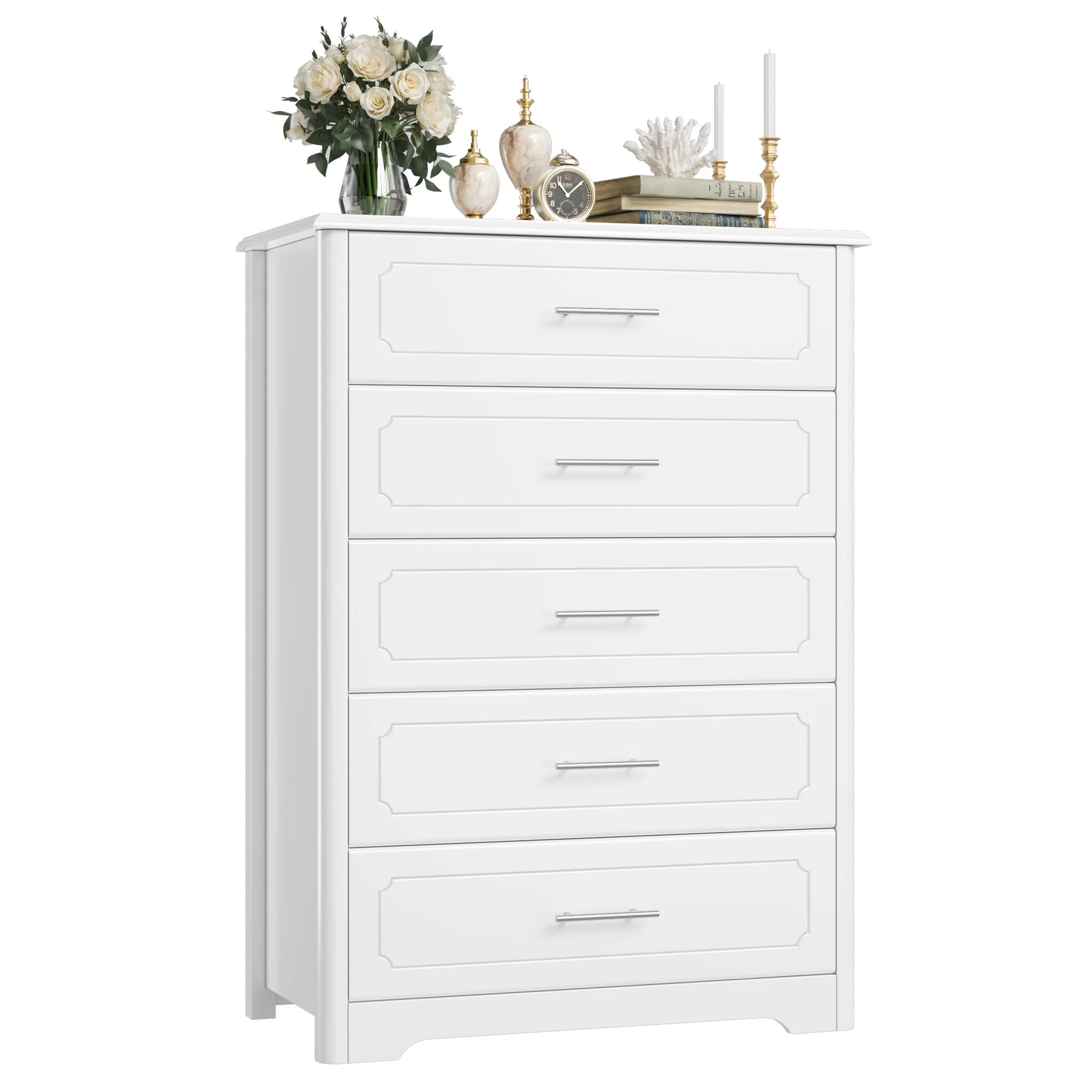Homfa 5 Drawer White Dresser, Tall Nightstand Wooden Storage Cabinet with Metal Handles for Bedroom Living Room
