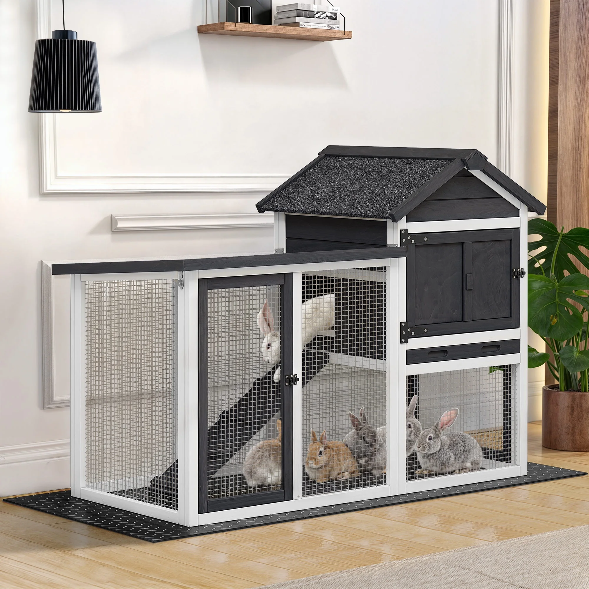 Dextrus Wooden Rabbit Hutch Bunny Cage Guinea Pig House with Waterproof Roof, PVC Mat, Pull-Out Tray - Black