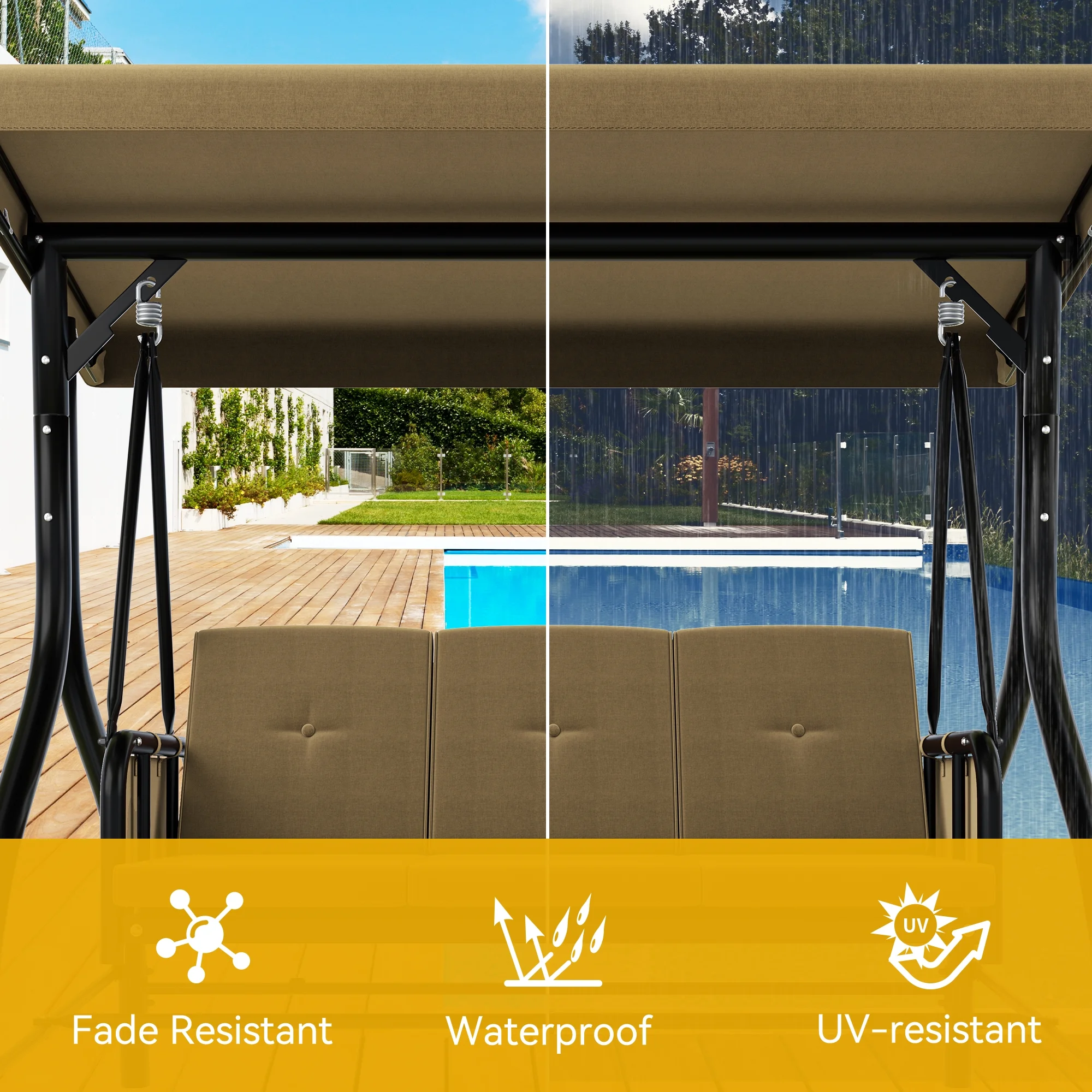 Dextrus Outdoor Patio Swing Bed for 3 People with Adjustable Canopy and Removable Cushion, Designed for Adults in Garden, Poolside or Balcony, Light Brown