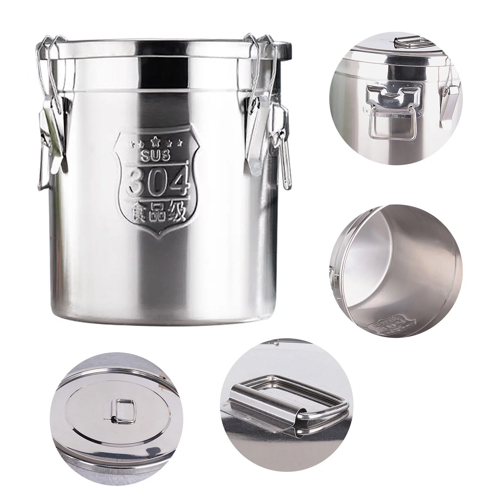 Silver 6L Household Stainless Food Barrel Bucket Dry Food Storage Container with Lid