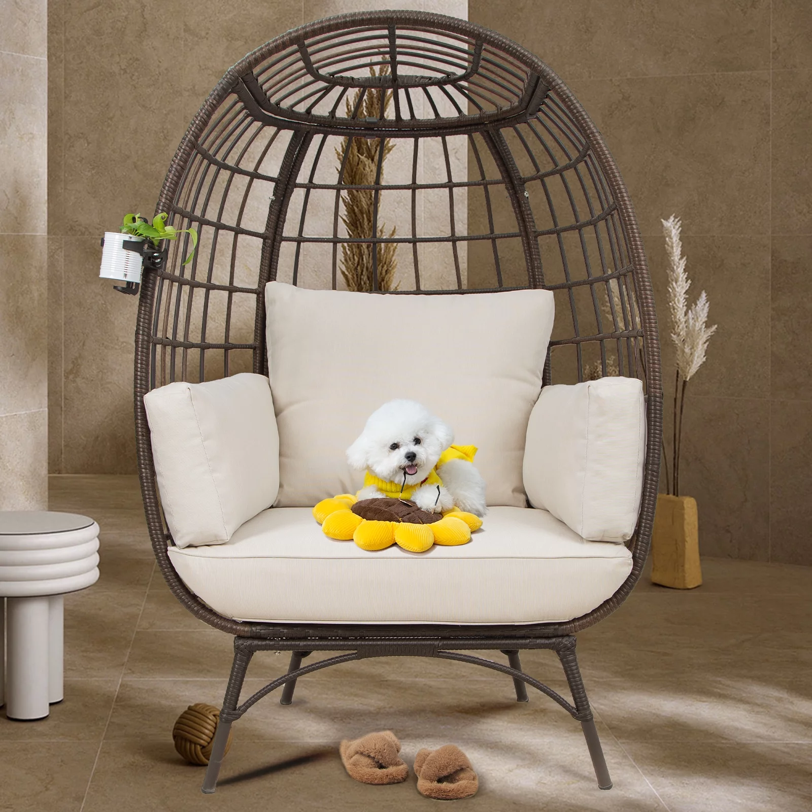 MeetLeisure Patio Brown Wicker Indoor/Outdoor Egg Lounge Chair with Beige Cushions