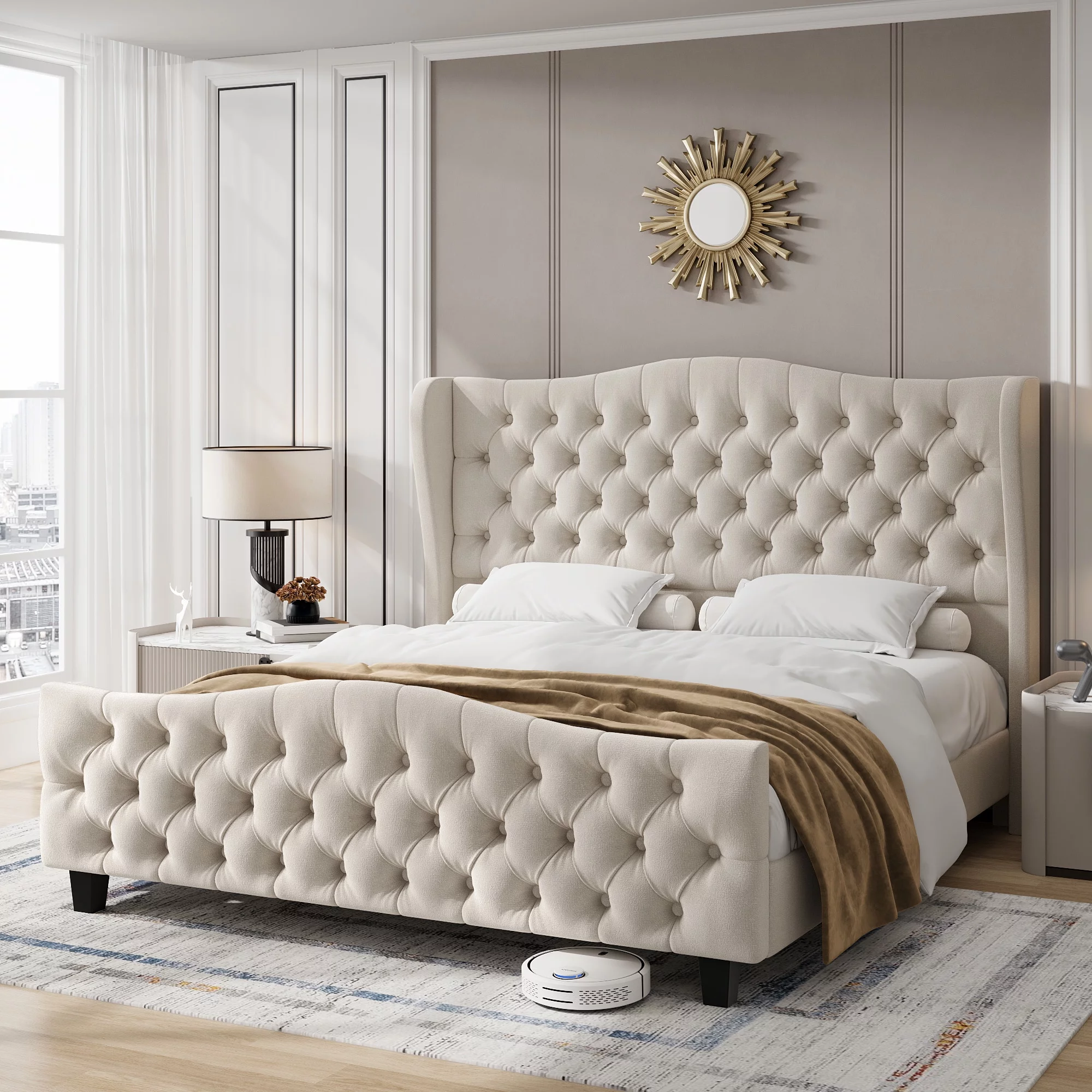 Homfa Queen Size Bed, 54.3” Tall Modern Velvet Tufted Upholstered Platform Bed Frame with Deep Button Wingback Headboard, Beige