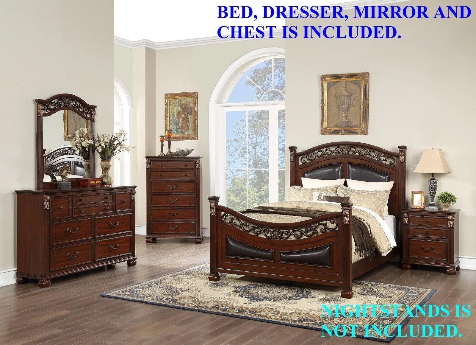 Royal Gorgeous Traditional Queen Bed Dresser Mirror Chest Wooden Brown Finish 4pc Set Bedroom Furniture