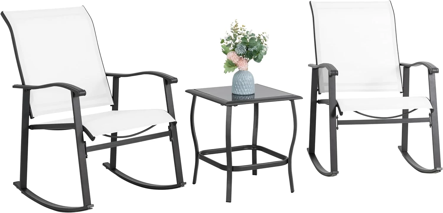 Vongrasig 3 Piece Outdoor Rocking Bistro Set, Textilene Fabric Small Patio Furniture Set, Front Porch Rocker Chairs Conversation Set with Glass Table for Lawn, Garden, Balcony, Poolside (White)