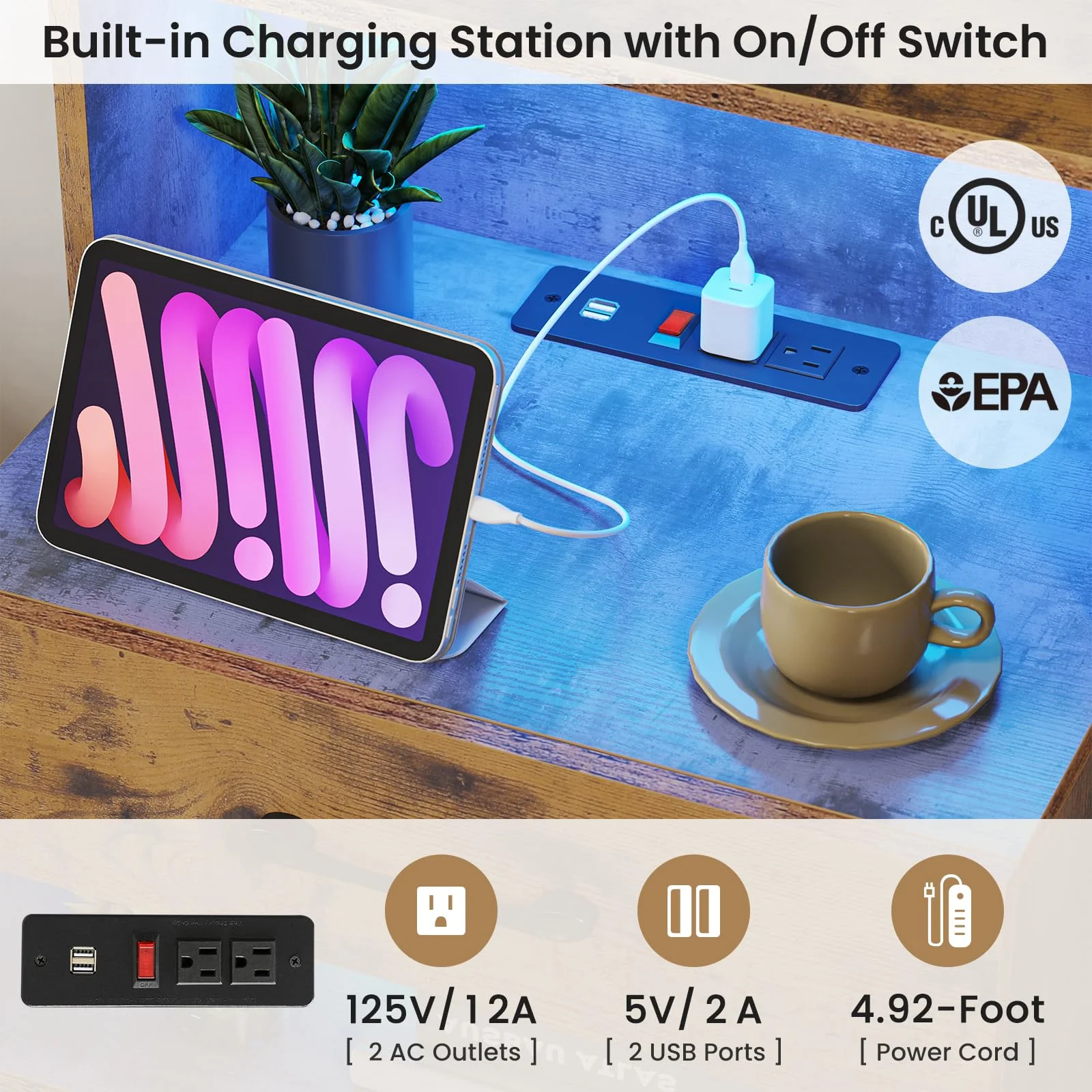 Tall Nightstand Set of 2 with Charging Station and LED Lights, Modern Bedside Table with Bookshelf and 3 Drawers, Rustic Brown