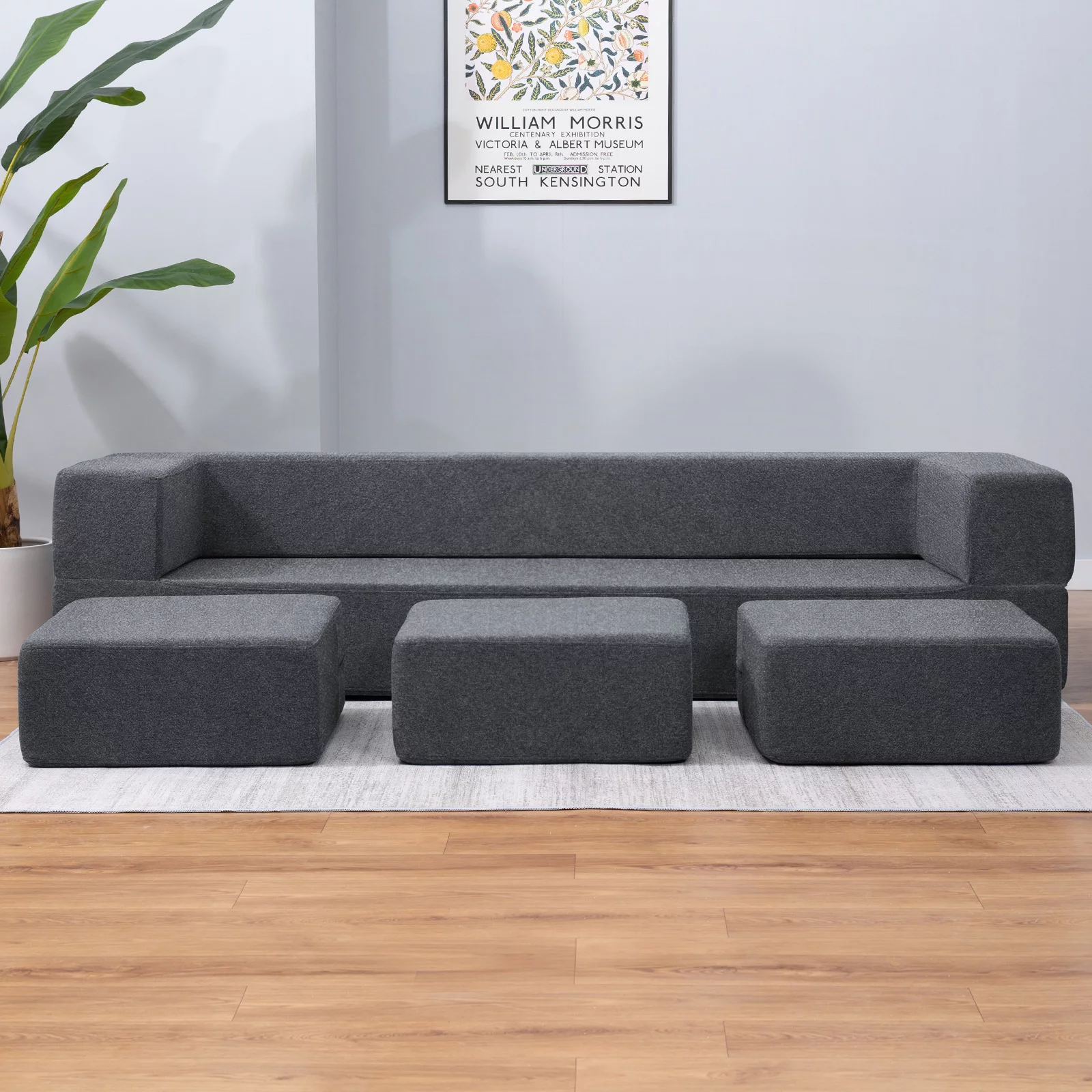 BALUS Folding Bed Couch, Sleeper Foam Sofa Bed, Cushioned Foam Mattress Comfortable Sofa, Floor Couch Sleeper Sofa Foam with 3 Ottomans for Living Room/Bedroom/Guest Room/Home Office (Dark Grey)