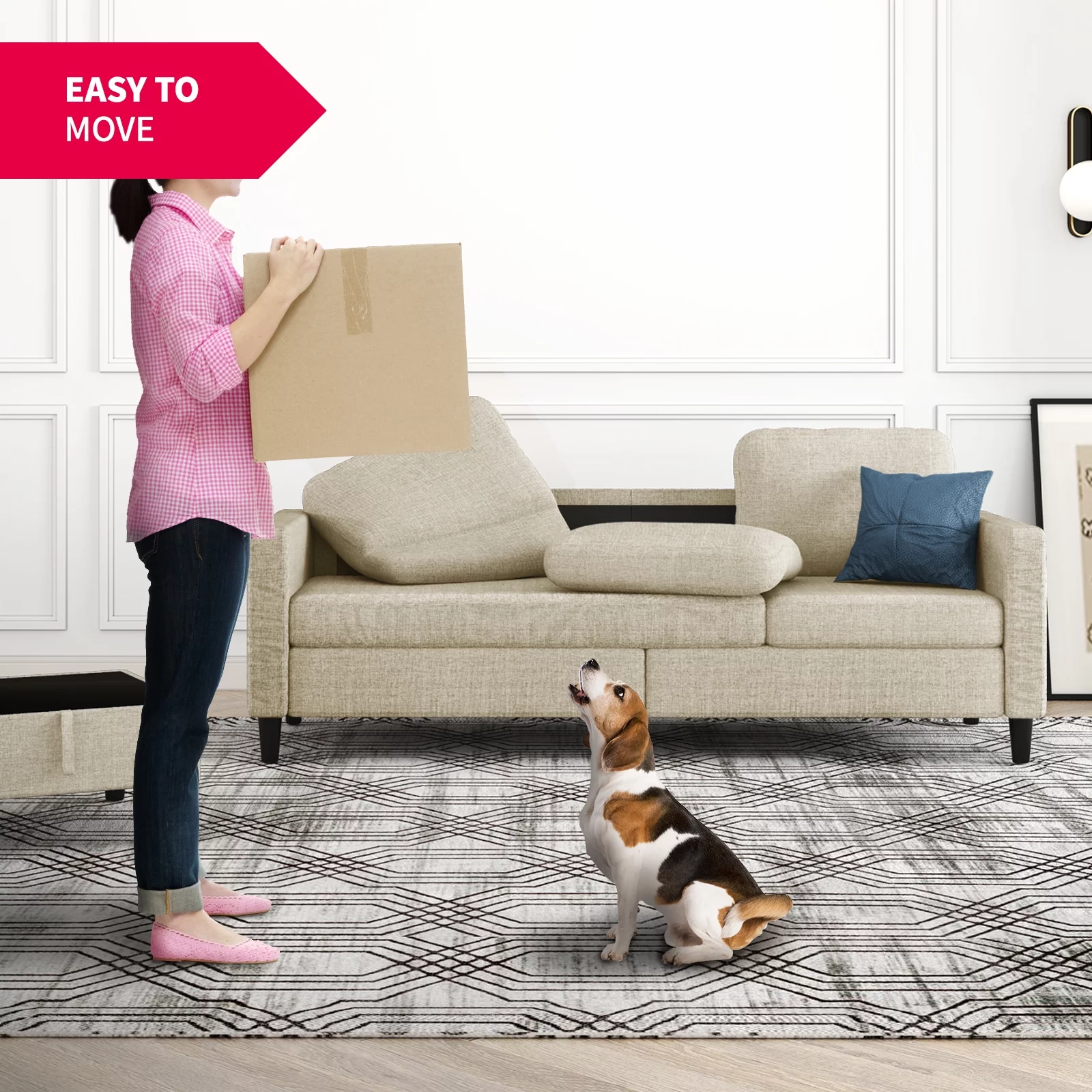 MUZZ Sectional Sofa with Movable Ottoman, Free Combination Sectional Couch, Small L Shaped Sectional Sofa with Storage Ottoman,Linen Fabric Wood Frame Sofa Set for Living Room (Beige)