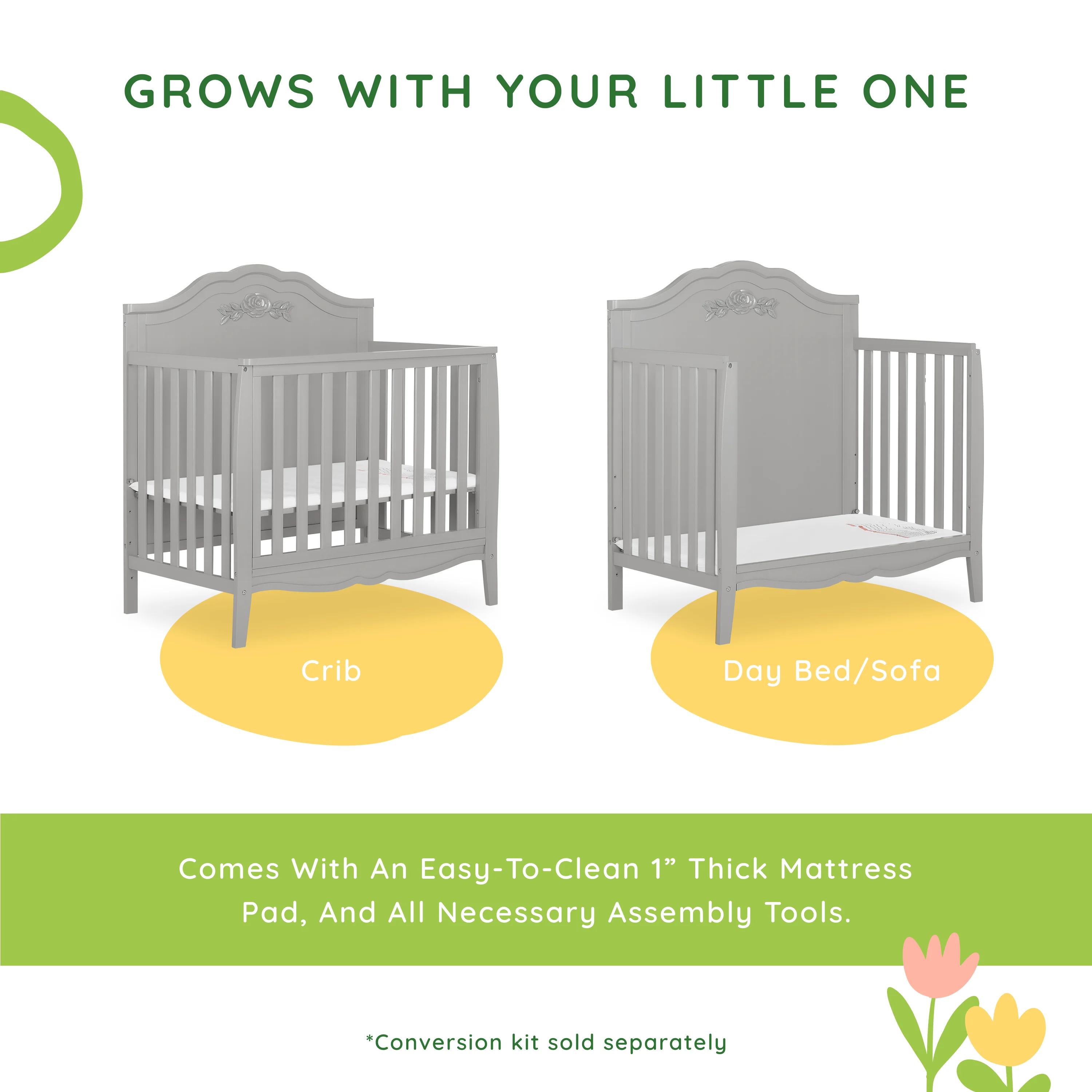 SweetPea Baby Rose 4-in-1 Convertible Mini Crib in Platinum, JPMA Certified Baby Crib, Non-Toxic Finish, New Zealand Pinewood, with 3 Mattress Height Settings Crib Platinum