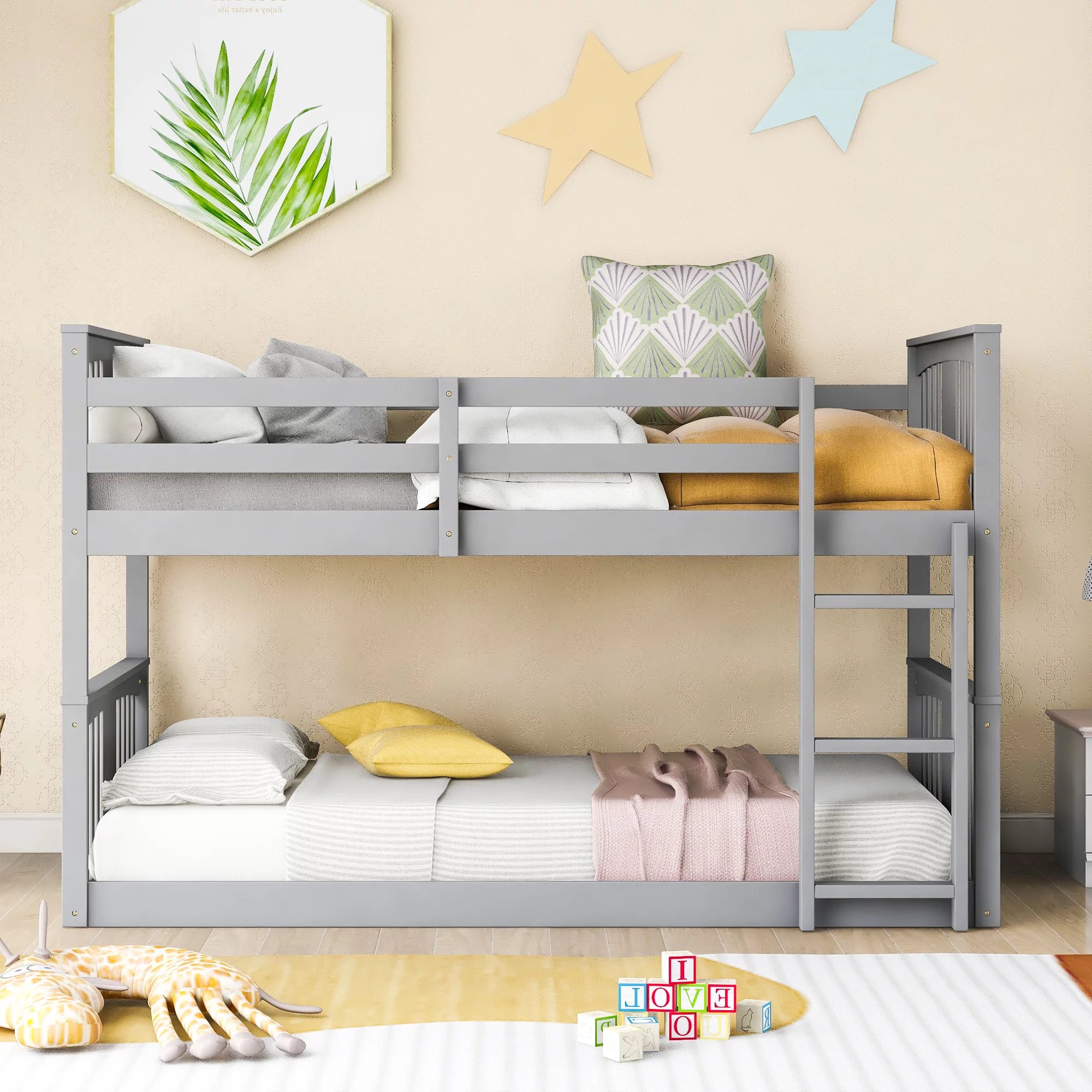 Gray Twin Over Twin Bunk Bed with Ladder