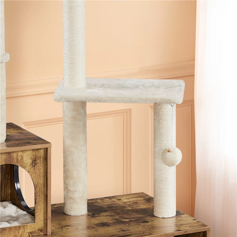 Easyfashion Wooden Litter Box Enclosure with Cat Tree Tower,Rustic Brown/Beige