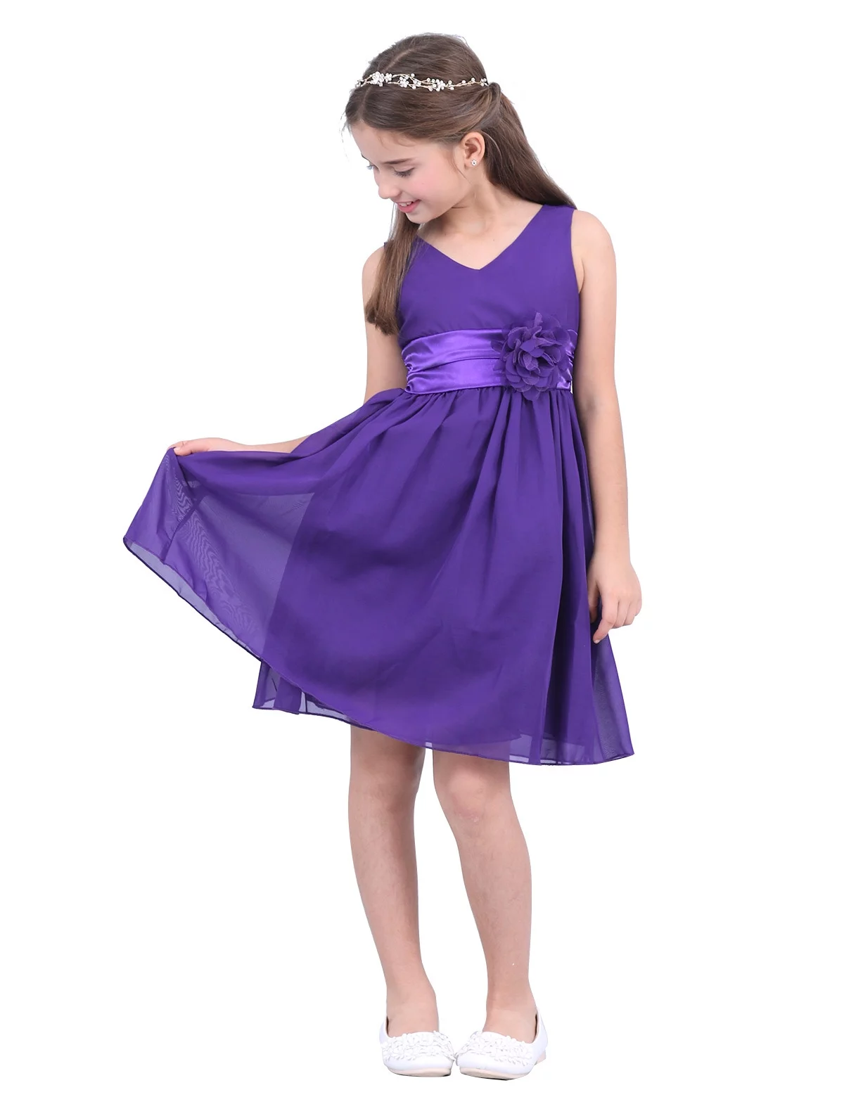 Eandarui Girls Toddler Kids Flower Chiffon Pleated Bridesmaid Wedding Pageant Party Dress Purple 14