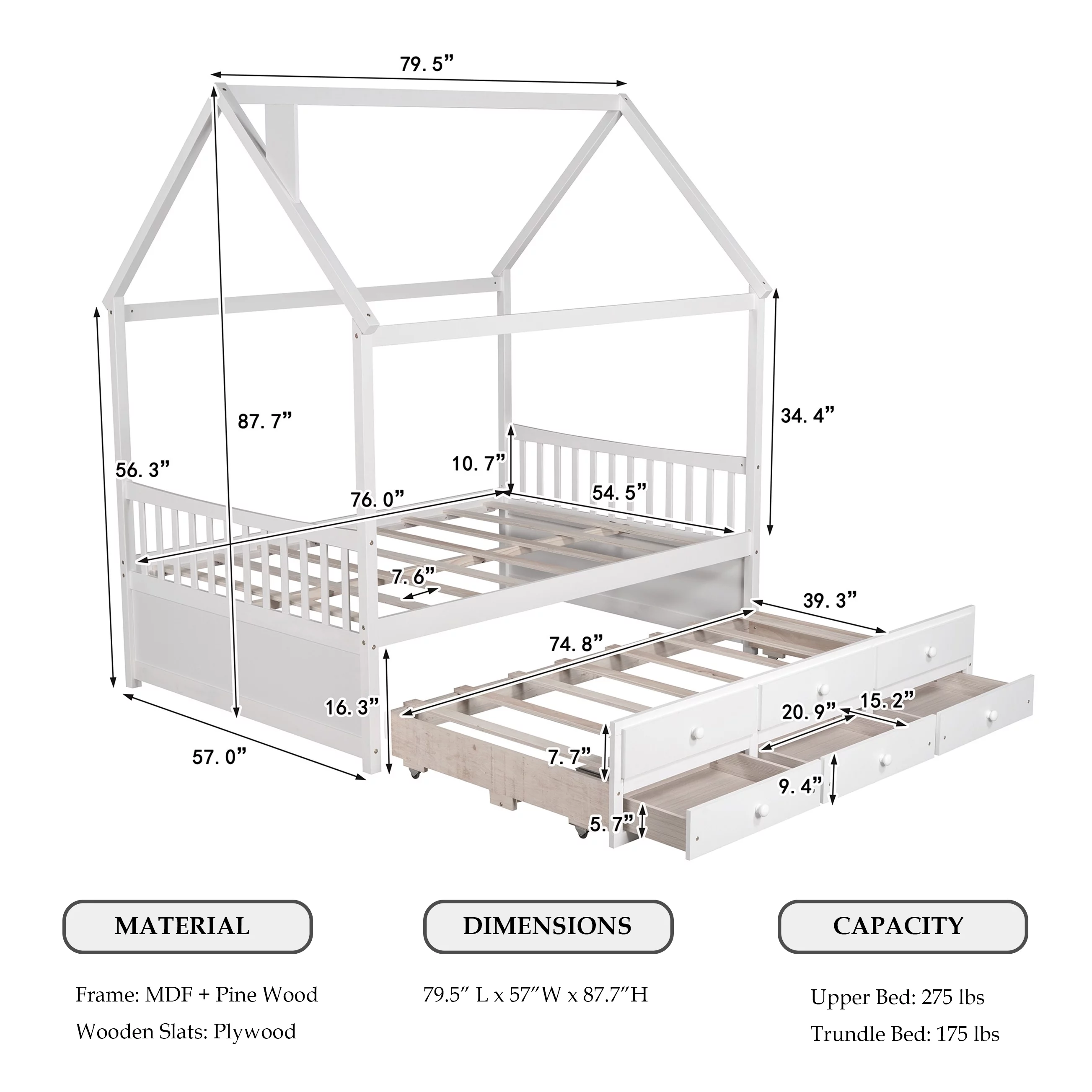 Bellemave Kids House Bed with Trundle and Drawers Full Size Platform Bed with Storage Playhouse Design Wooden Bed Frame With Roof and Headboard for Boys Girls Teens, White