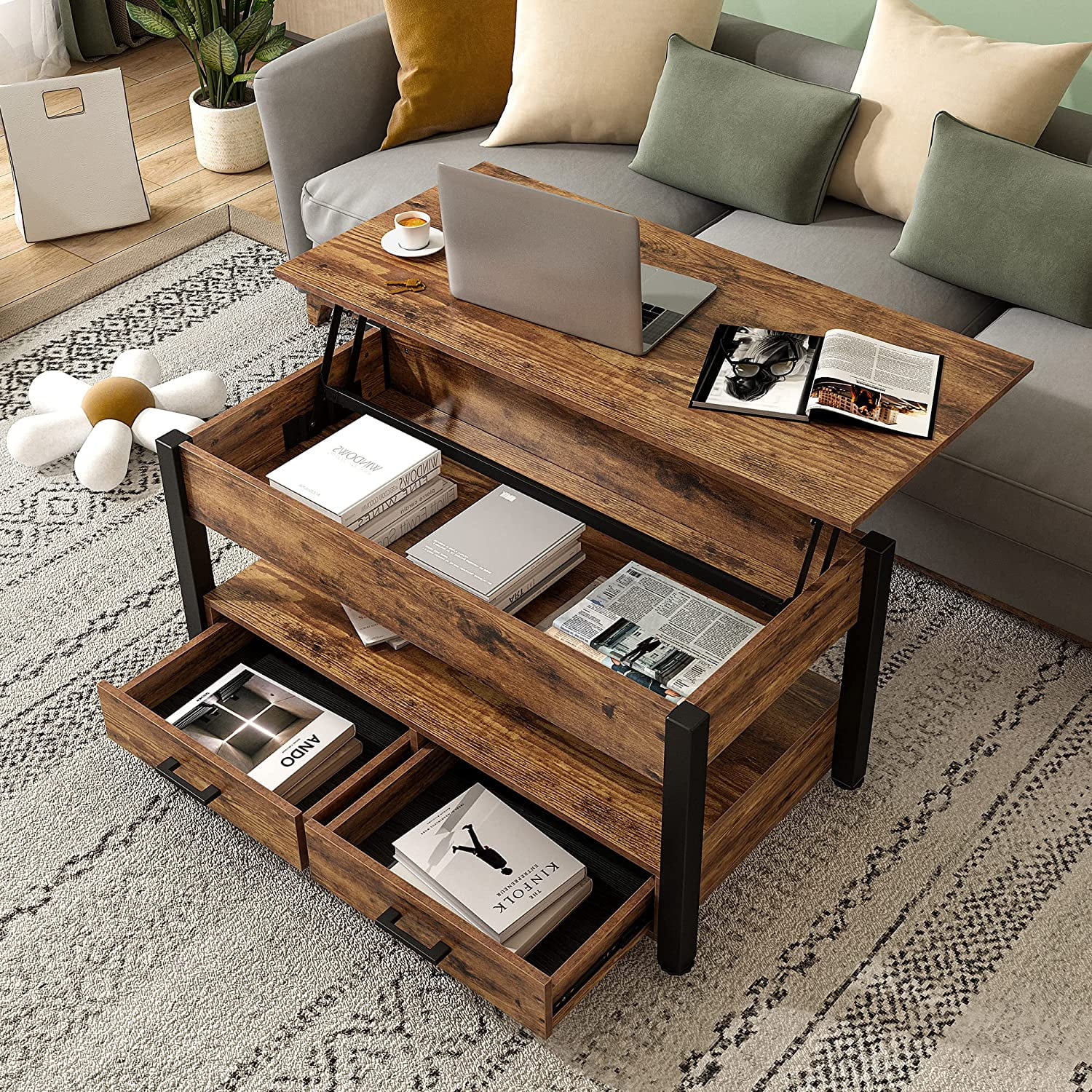 Lift Top Coffee Table  Coffee Table with Storage Drawers and Adjustable Metal Legs  Vintage Wood Living Room Tables with Hidden Compartment and Open Shelf  Espresso