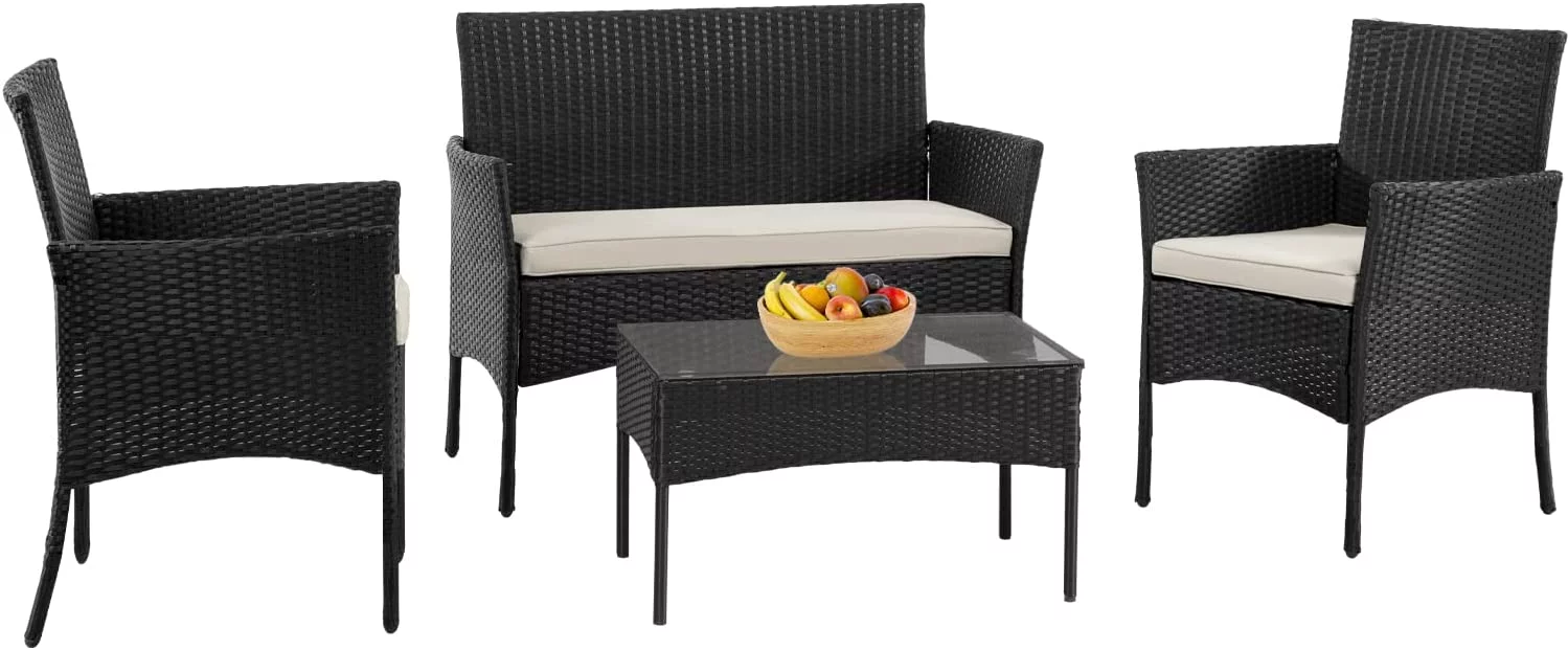 FDW 4-Piece Patio Furniture Set Wicker Patio Set 2 Outdoor Rattan Chair 1 Wicker Sofa 1 Coffee Table with Transparent Tempered Glass Tabletop,Black and Beige