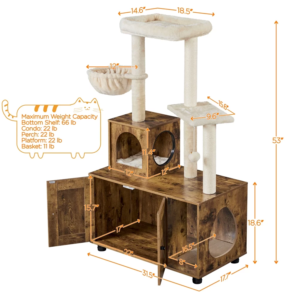 Easyfashion Wooden Litter Box Enclosure with Cat Tree Tower,Rustic Brown/Beige