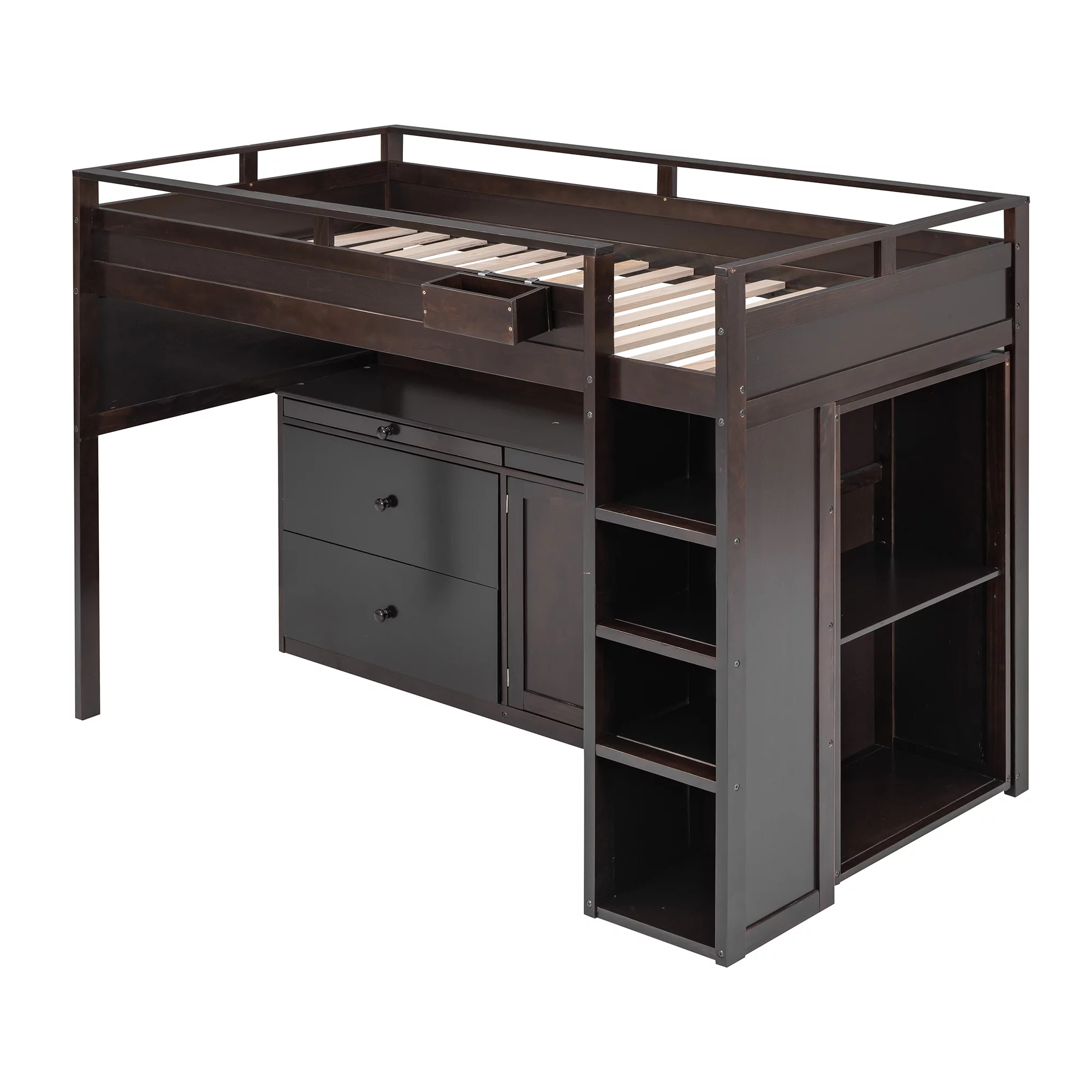CoSoTower Loft Bed with Rolling Cabinet and Desk - Espresso