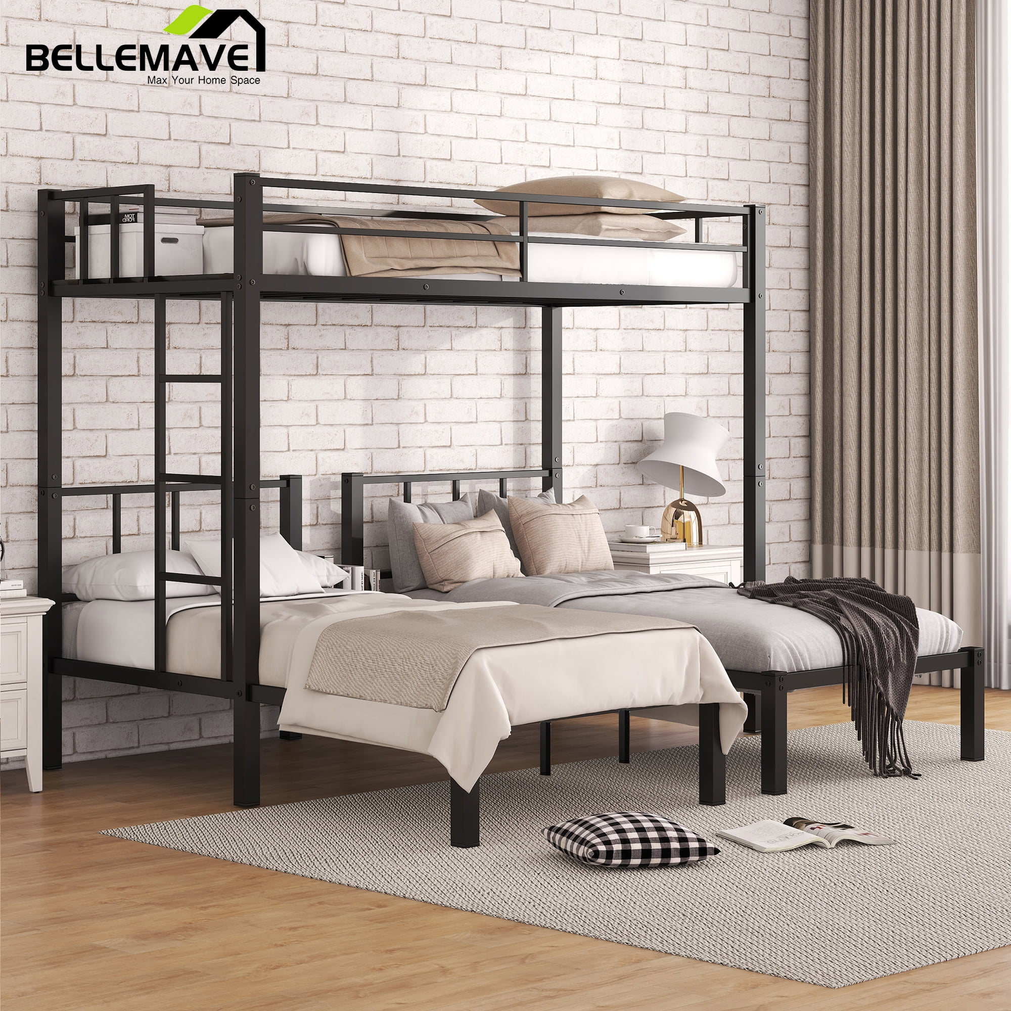 Bellemave Triple Bunk Bed Twin XL over Twin and Twin Metal Bunk Bed Frame with Storage Shelf Space Saving Bunk bed with Build-in Table Convertible 3 Bunk Bed for Kids Teens Boys Girls, Black