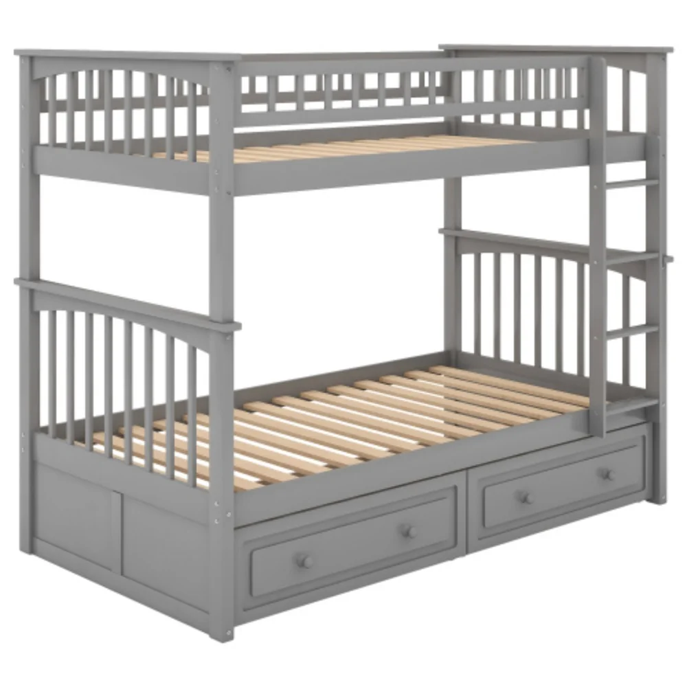 Twin over Twin Bunk Bed with Drawers, Convertible Beds, Gray  Gray + Pine
