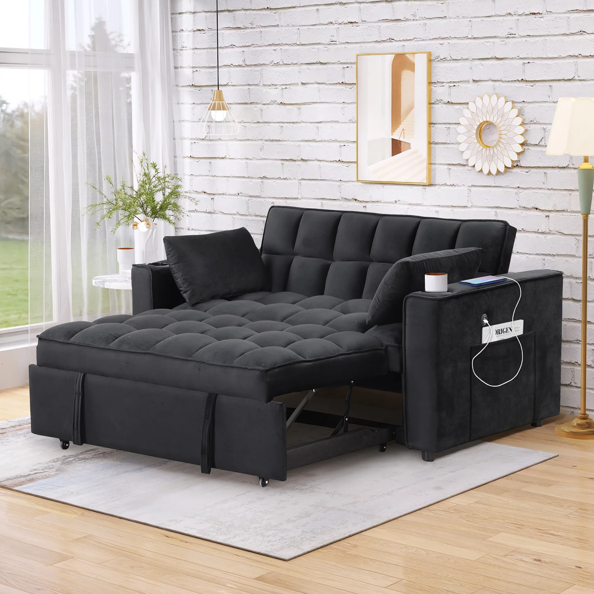 Hombay Modern Convertible Sleeper Sofa Bed, Folding Futon Couch Loveseat with Cup Holder and USB Charging Ports for Living Room Bedroom Apartment