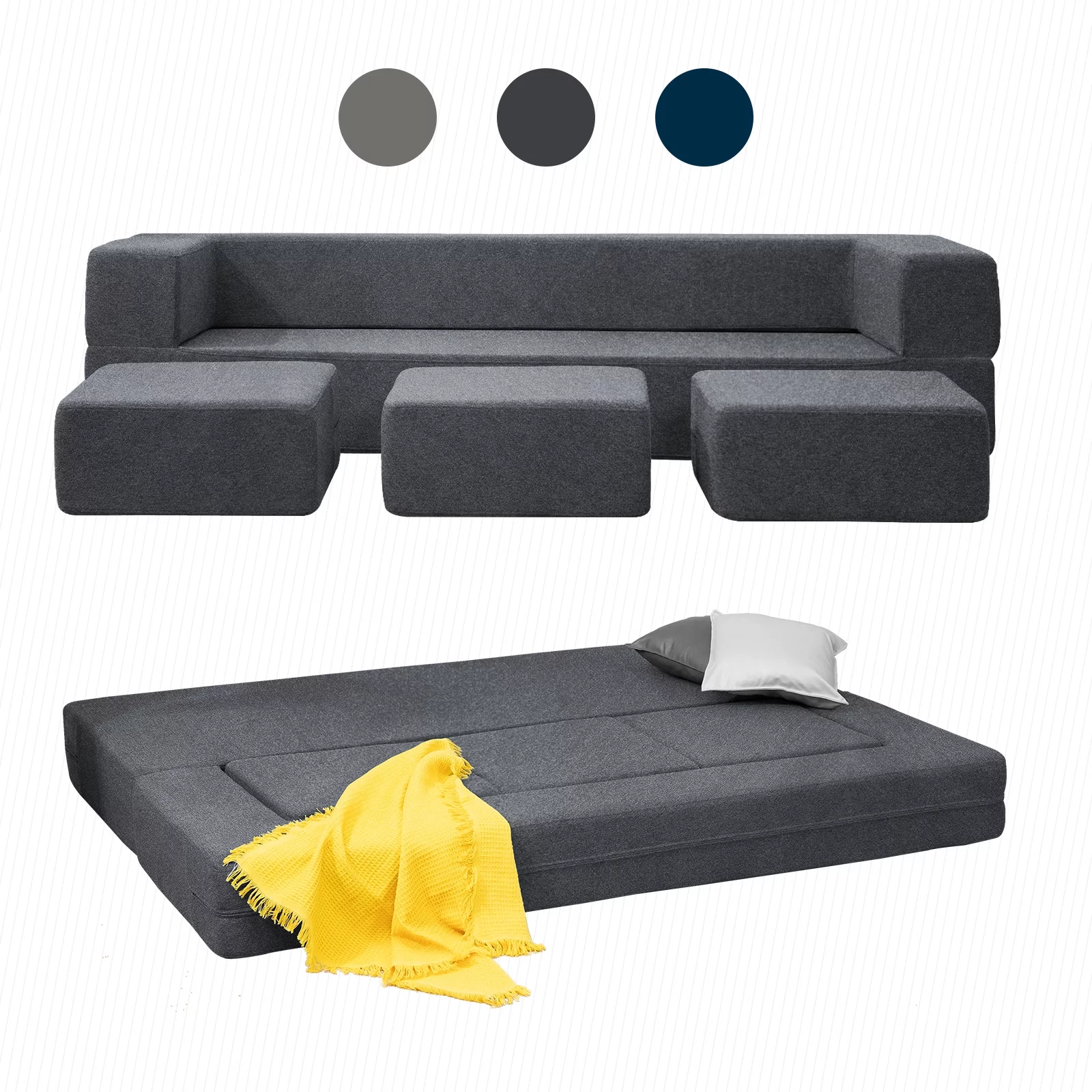 BALUS Folding Bed Couch, Sleeper Foam Sofa Bed, Cushioned Foam Mattress Comfortable Sofa, Floor Couch Sleeper Sofa Foam with 3 Ottomans for Living Room/Bedroom/Guest Room/Home Office (Dark Grey)