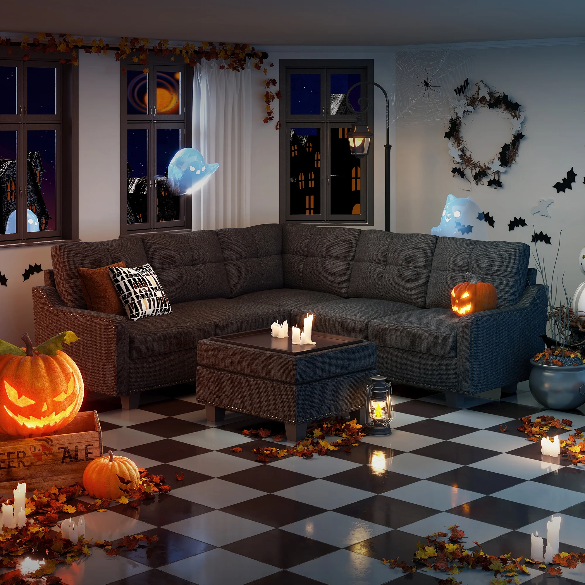 HONBAY Modern Convertible Nailhead Trim Sofa Set with Storage Ottoman, Dark Gray Sofa Set for Living Room