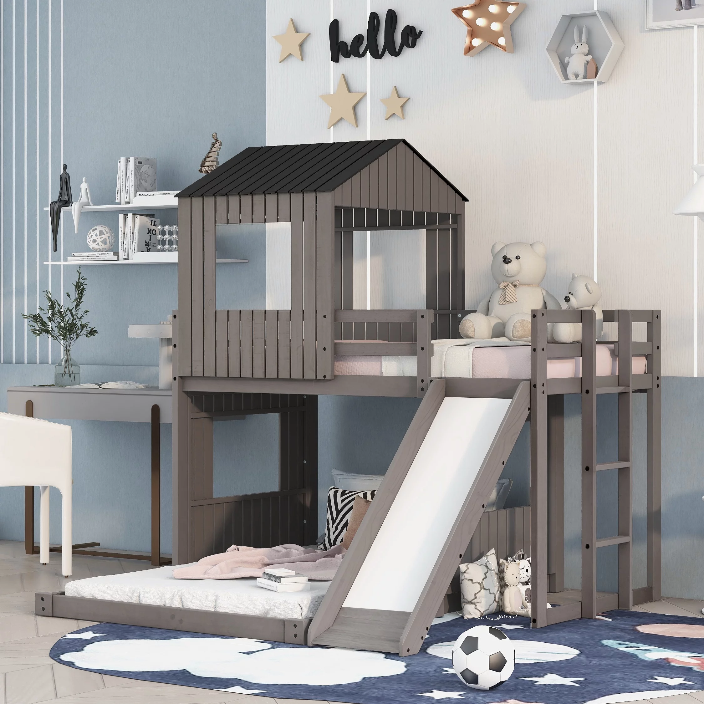 Bellemave Twin Over Full House Bunk Bed with Slide, Wood L-Shaped Fort Loft Bunk Beds Frame with Ladder, Floor Playhouse Bed for Kids, No Need Spring Box (Antique Gray)