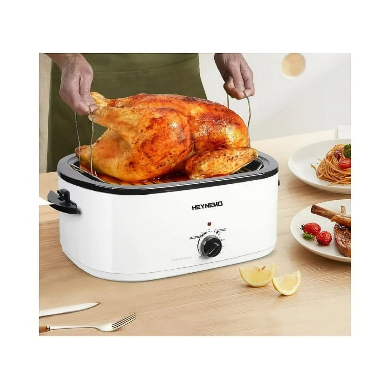 24 Quart Electric Roaster Oven Stainless Steel Roaster Pan With Self-Basting Lid Removable Insert Pot, White