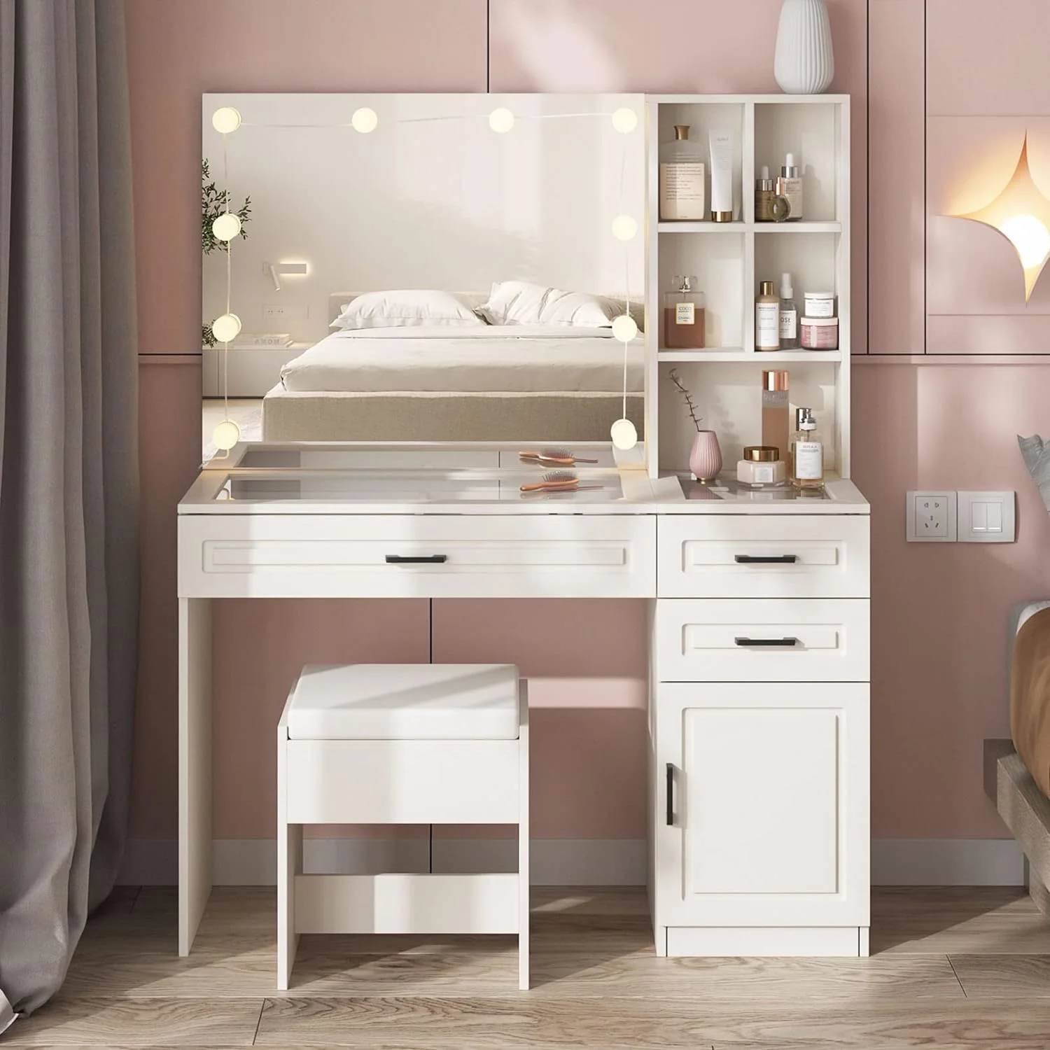 ONKER White Vanity Desk with Mirror and Lights,Glass Top Vanity Table with 3 Drawers and Cabinets,Large HD Mirror Makeup Desk,3 Lighting Modes, Brightness Adjustable,45 in(L)