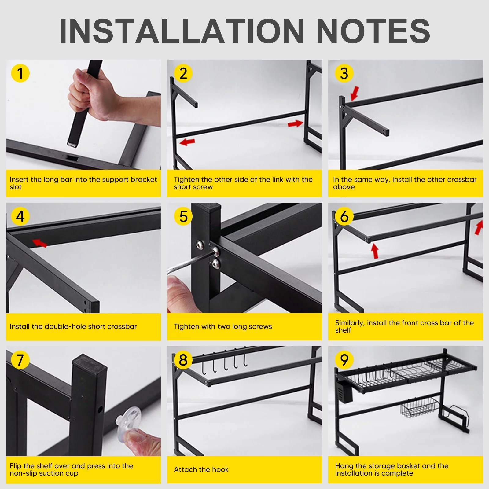 Dish Self Over the Sink Dish Racks for Kitchen Counter 2 Tier Full Stainless Steel Over Sinks Dry Rack , Multifunctional Over Sinks Shelf , Over Sinks Dish Drying Rack ,Black (Single Sink-85CM)