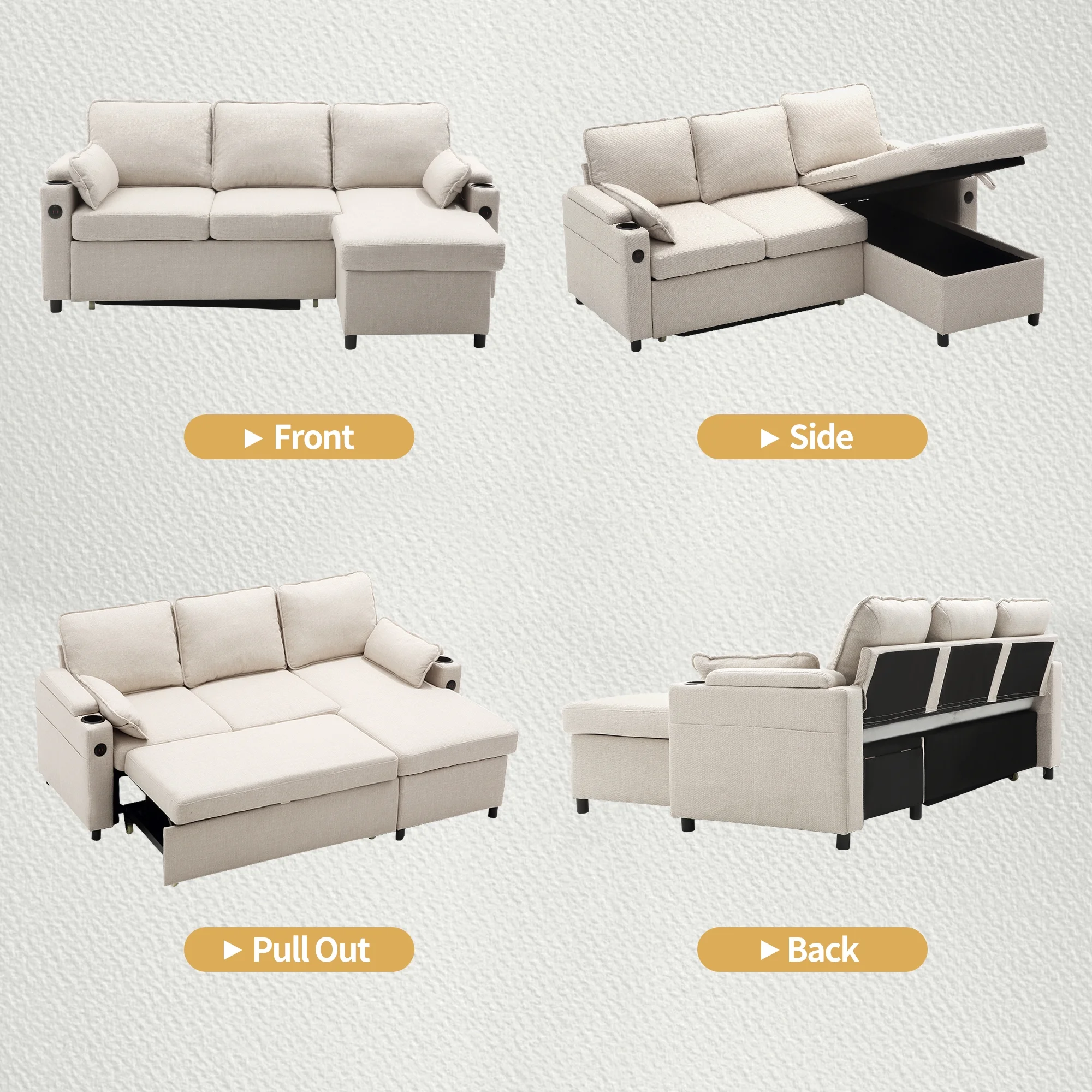 Duraspace Sectional Sleeper Sofa with Storage Chaise, Reversible Pull Out Couch Sofa Bed, L-Shape Beige