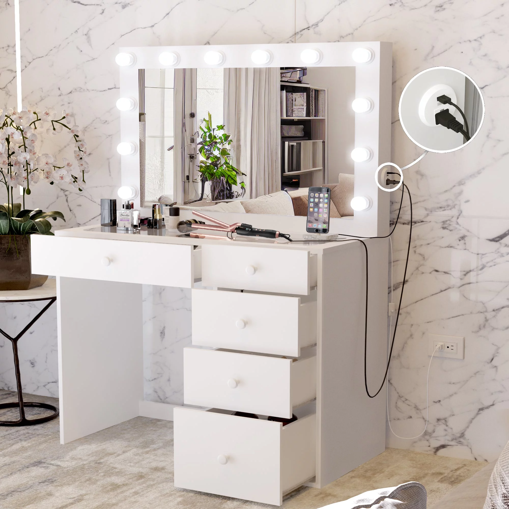 Boahaus Alana Vanity Desk with Mirror and Lights, Basic Knobs, 5 Drawers, White